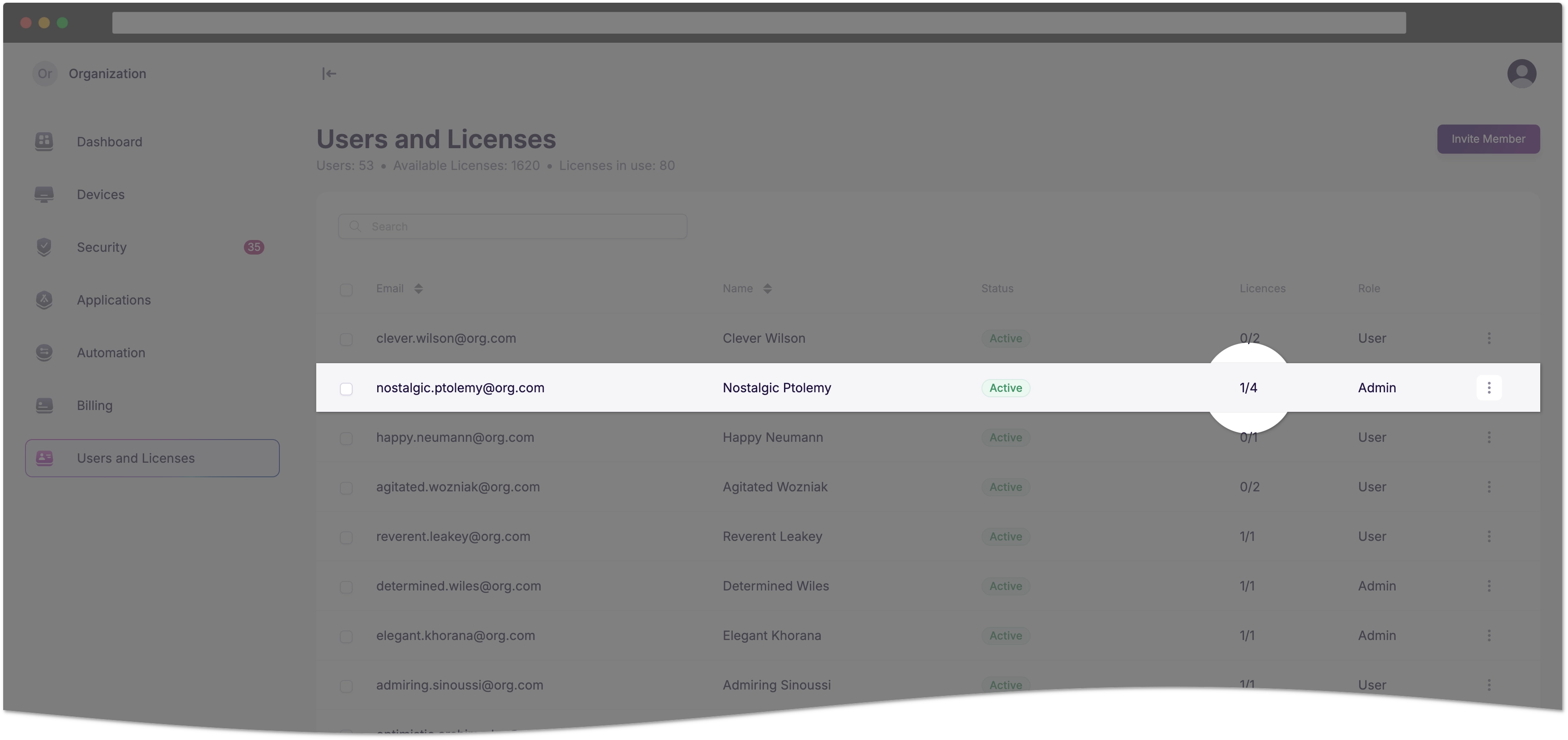 Device licenses in the member list