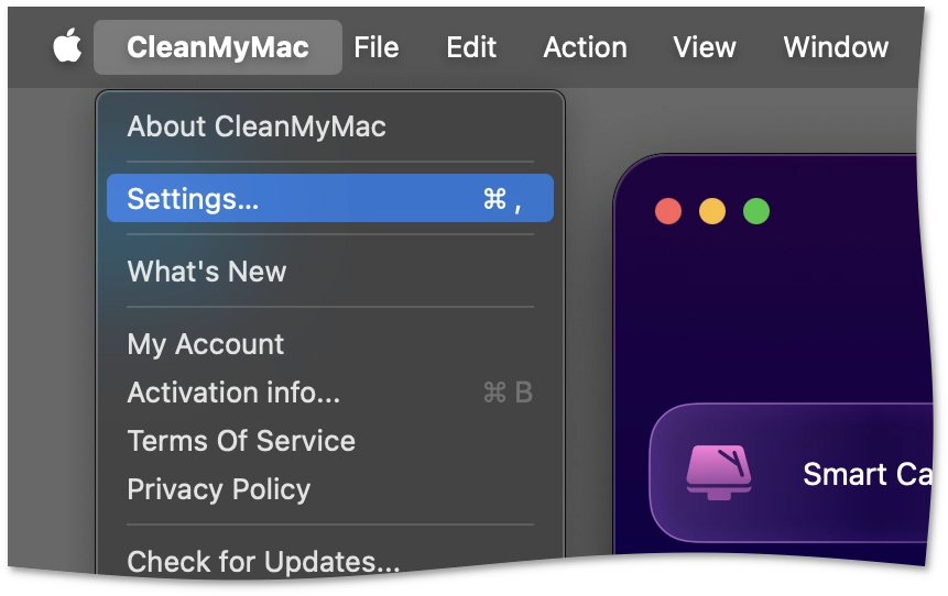 Settings in the menu bar