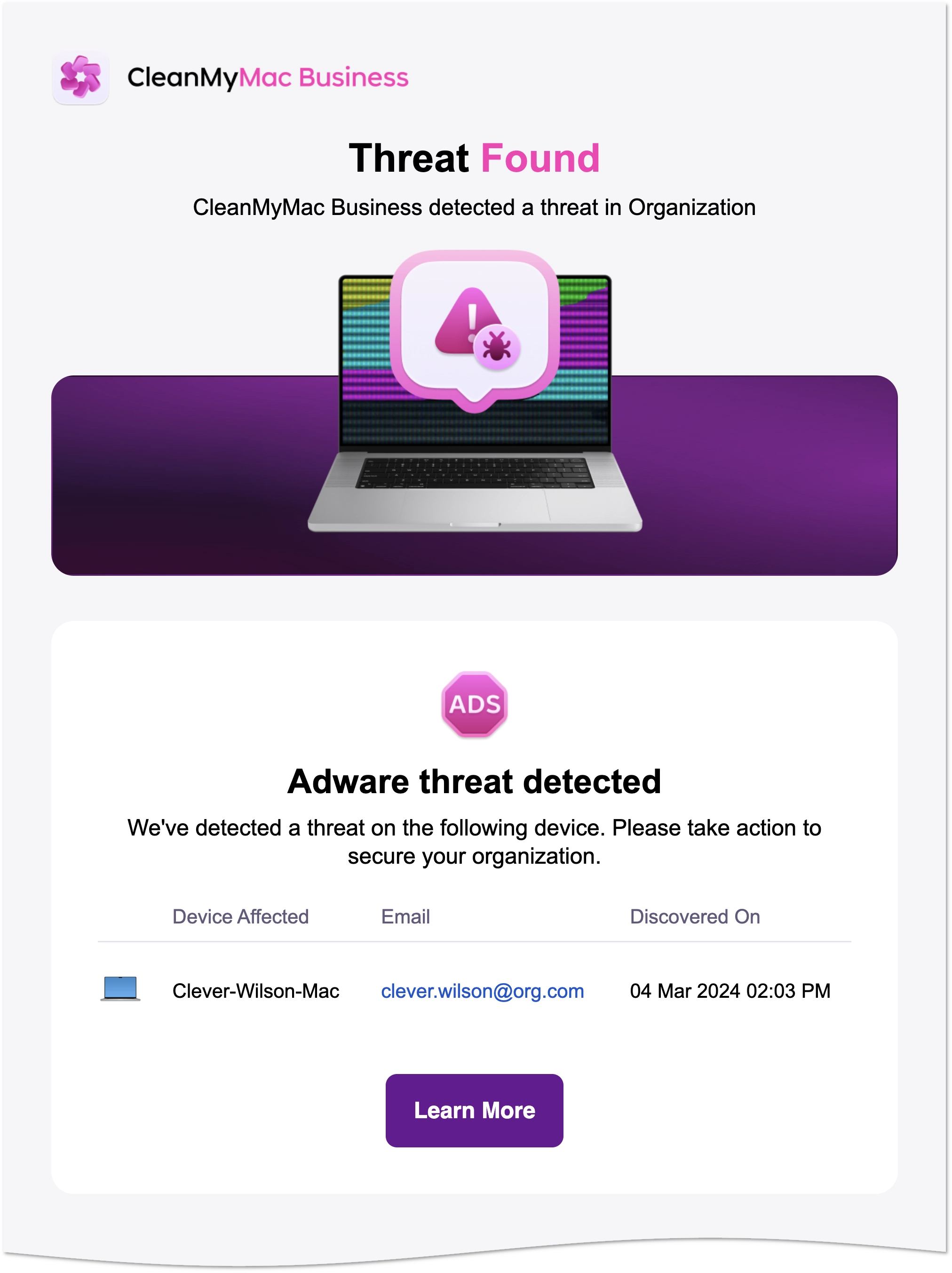 Example alert on a found threat
