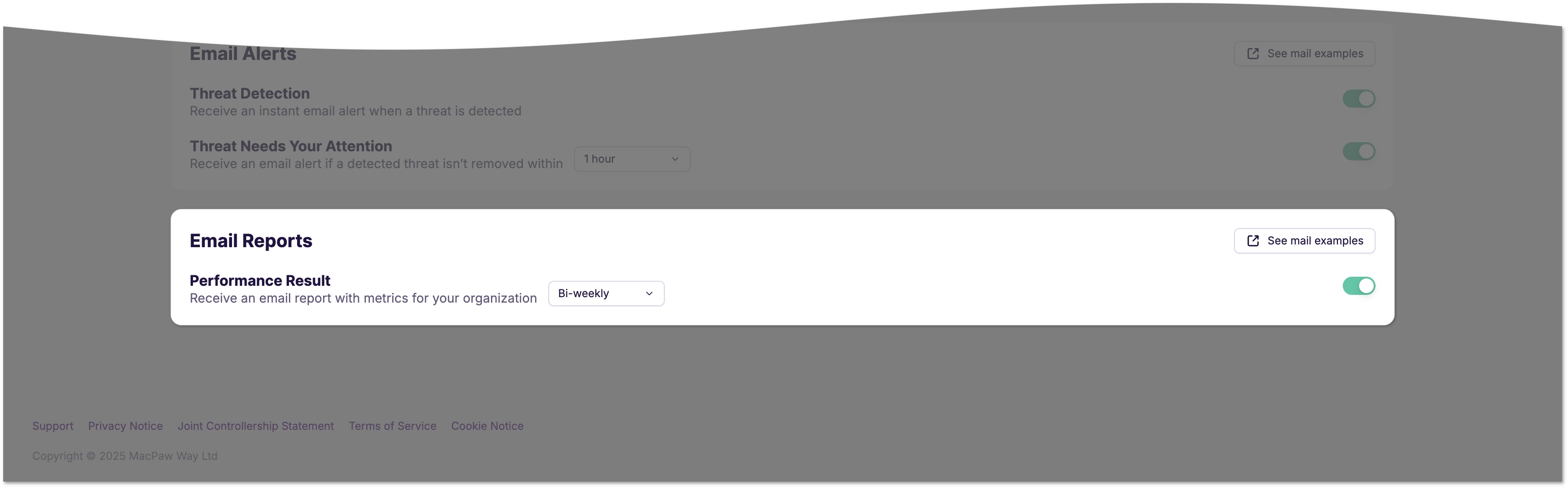 The Email Reports section