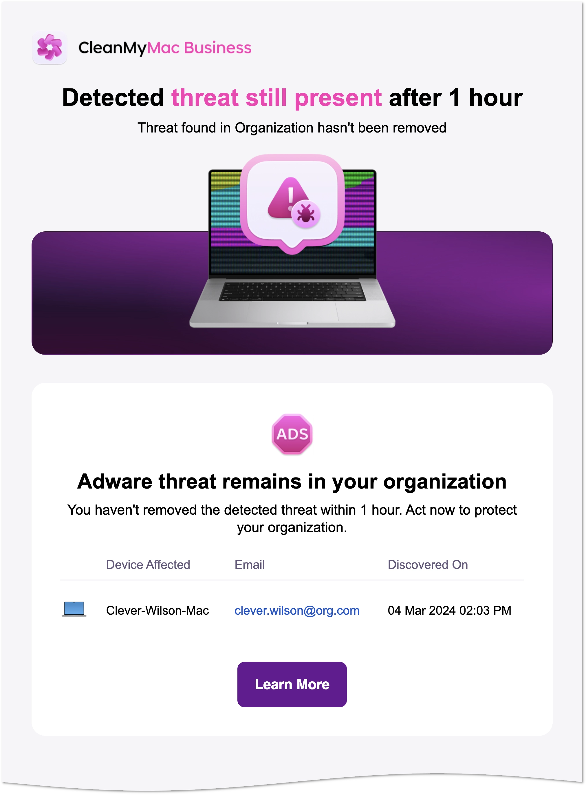 Example alert on a persistent threat
