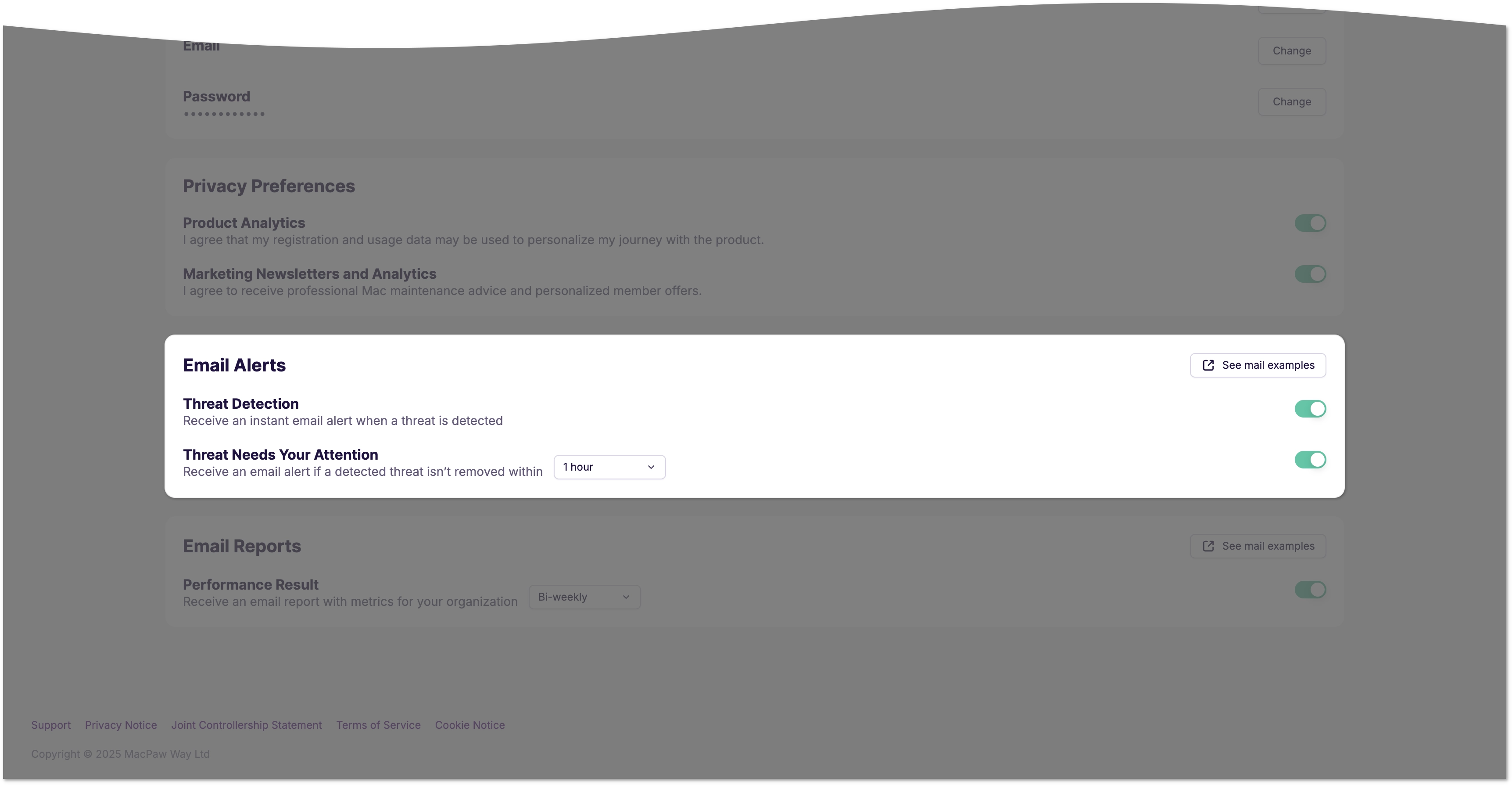 The Email Alerts section