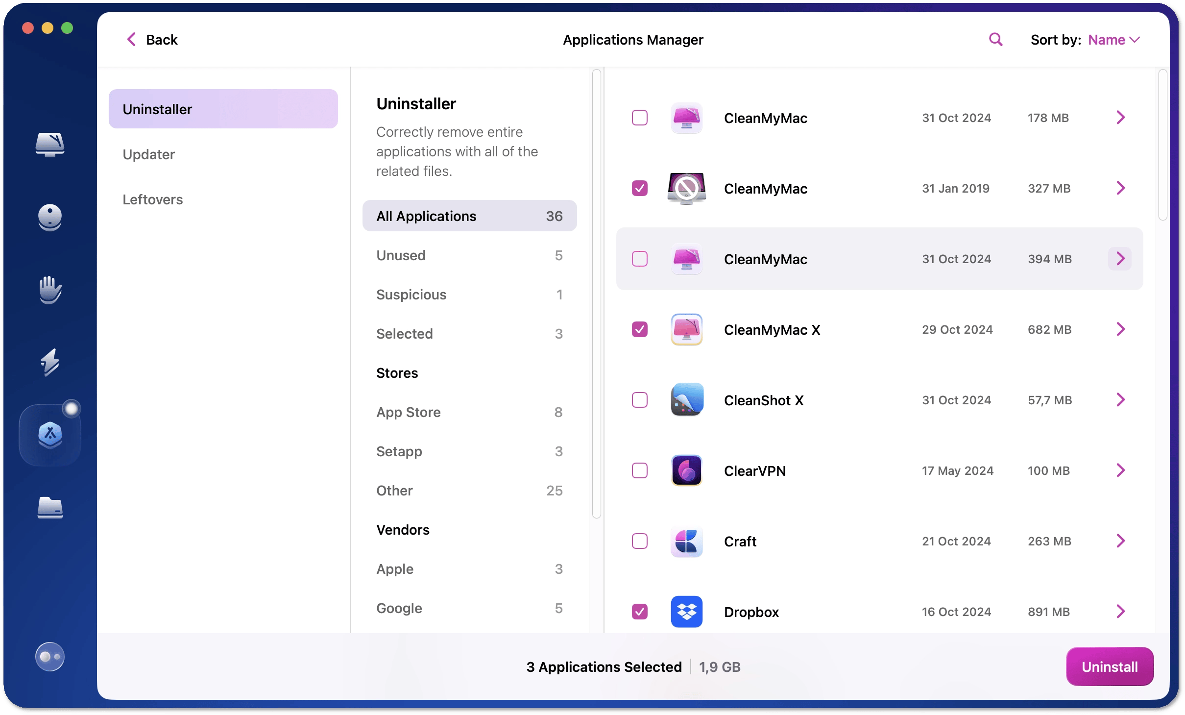 Applications Manager и Uninstaller в CleanMyMac