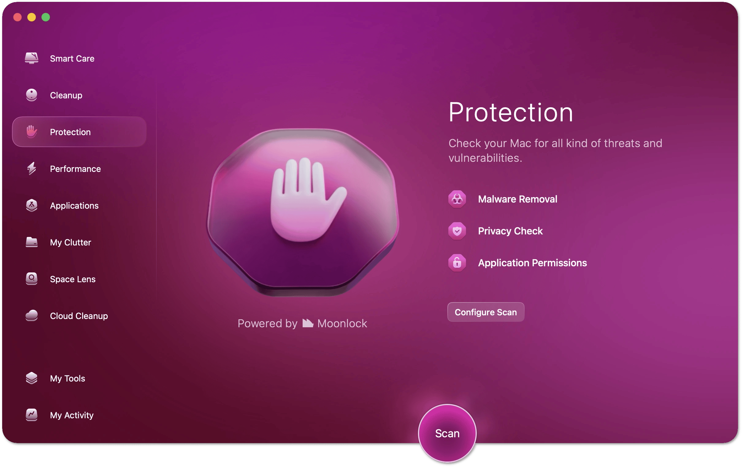 cleanmymac protection module with malware privacy and permissions tools