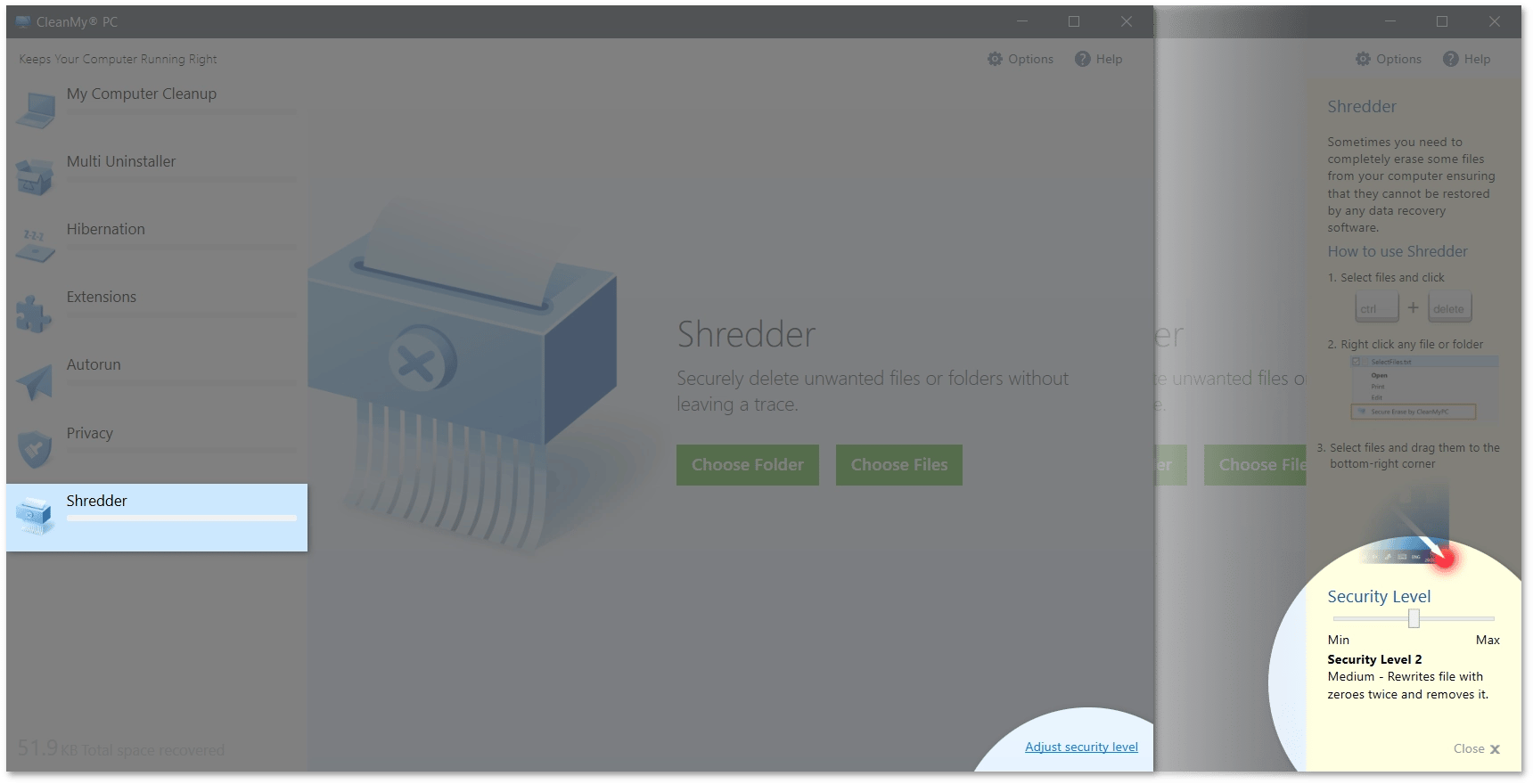 Настройка уровня безопасности Shredder в CleanMy® PC