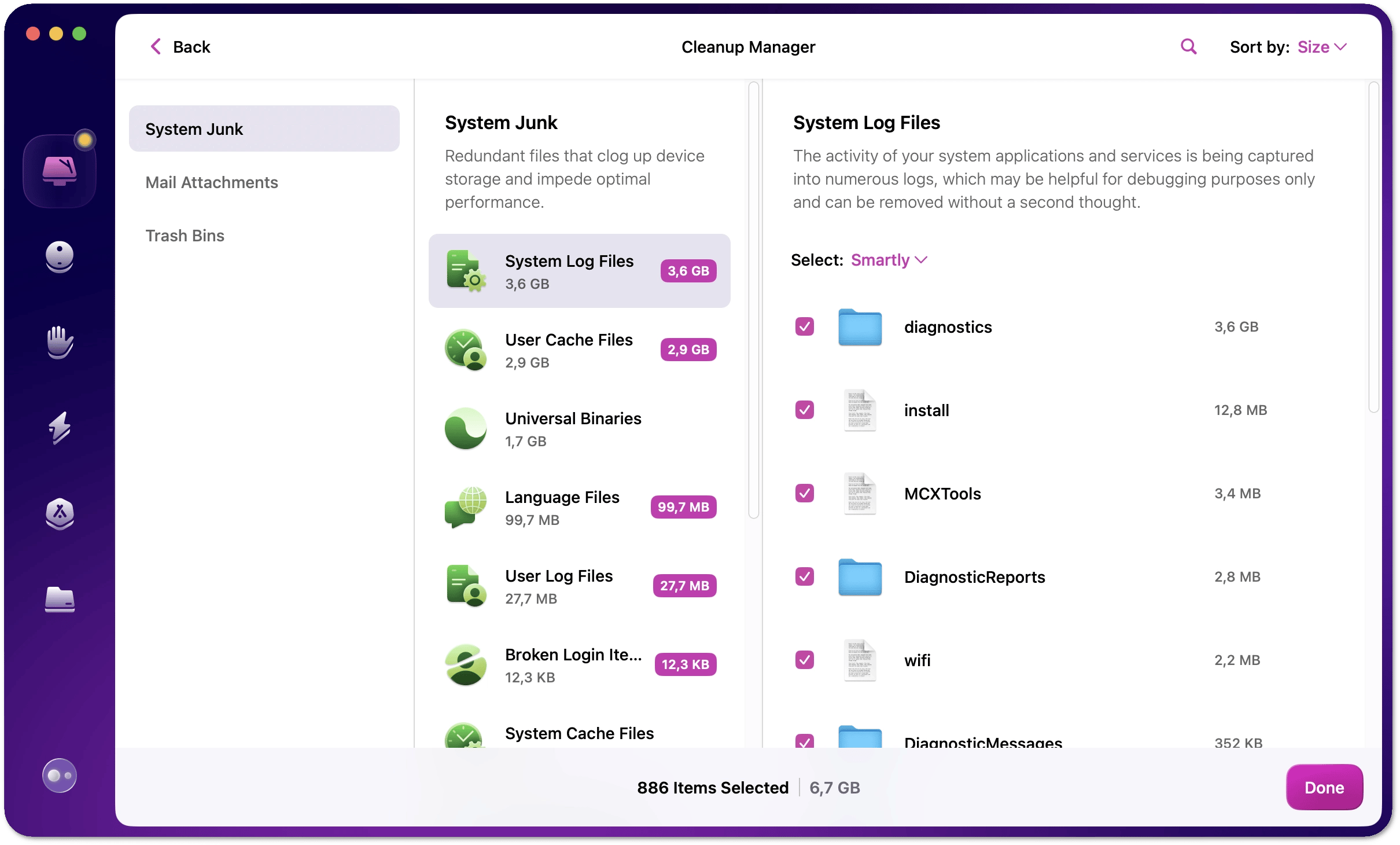Cleanup Manager с категориями System Junk, Mail Attachments и Trash Bins