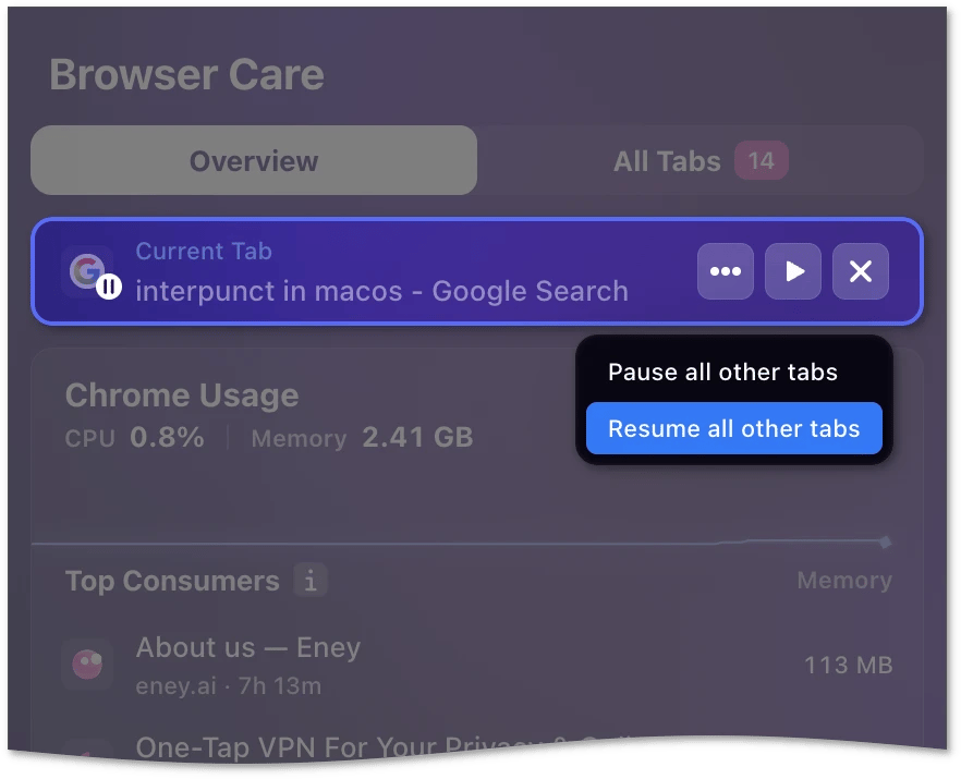 Current Tab row in the Overview tab with the More menu open and the