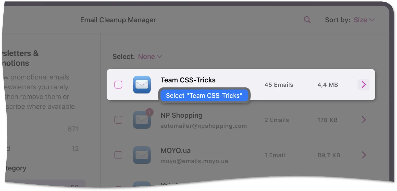 Email Cleanup Manager showing a sender group highlighted with the right-click menu offering to select it