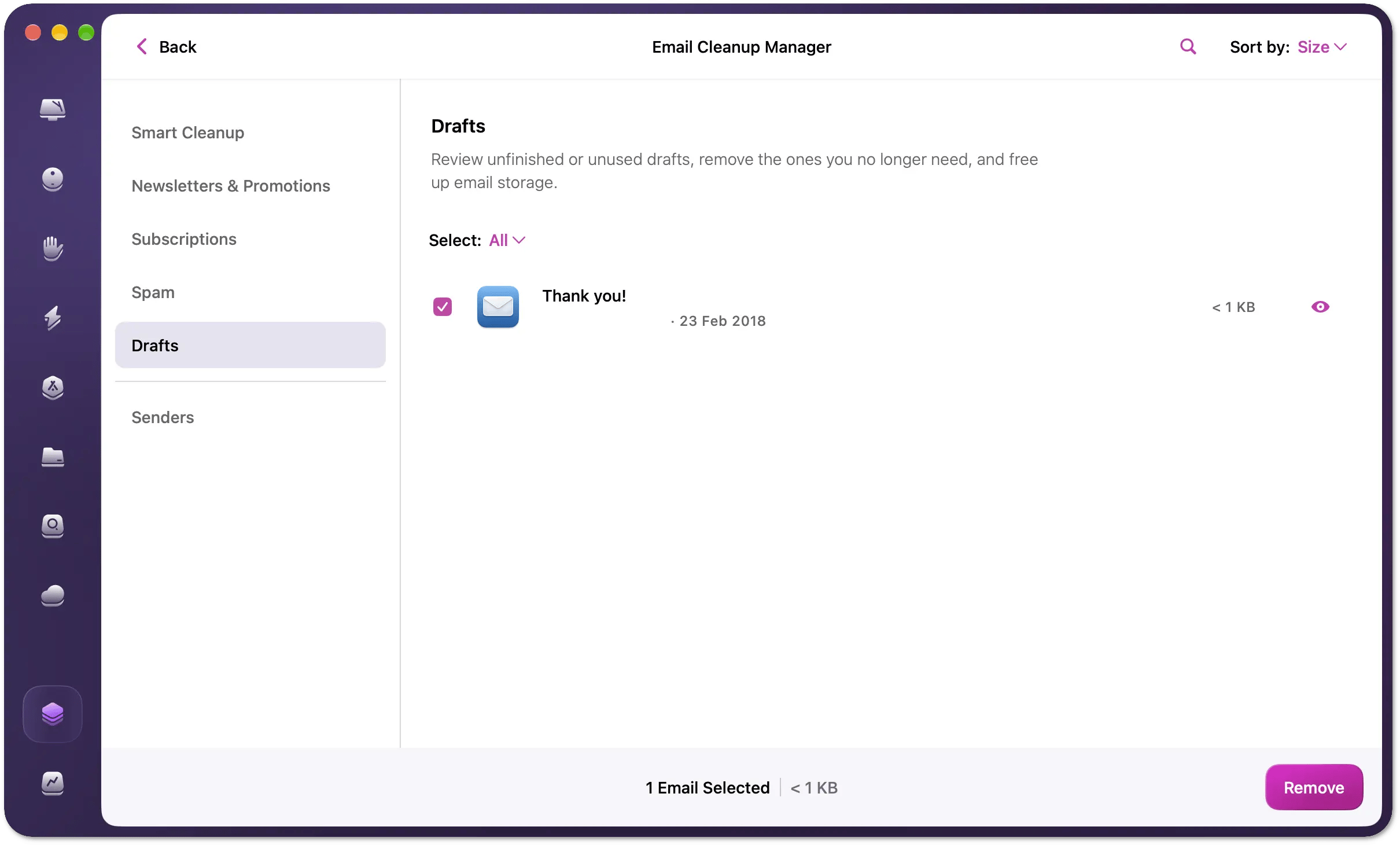 Email Cleanup Manager with the Drafts category selected, showing a draft selected and the Remove button