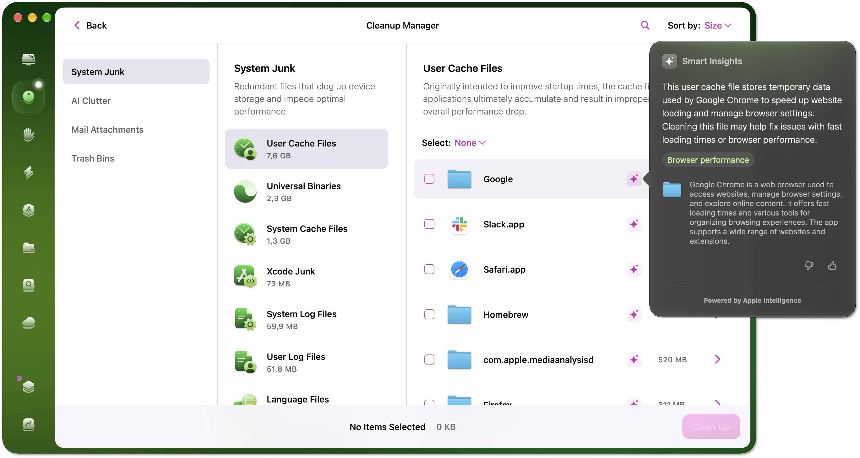 Smart Insights window explaining a Google user cache item in the Cleanup Manager