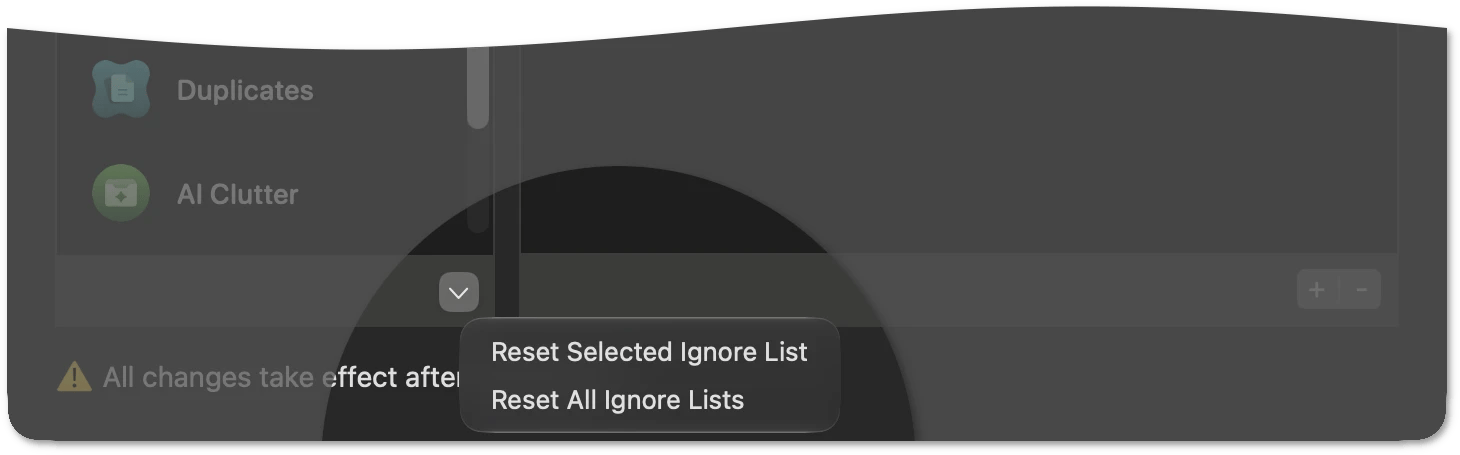Reset options in the Ignore List