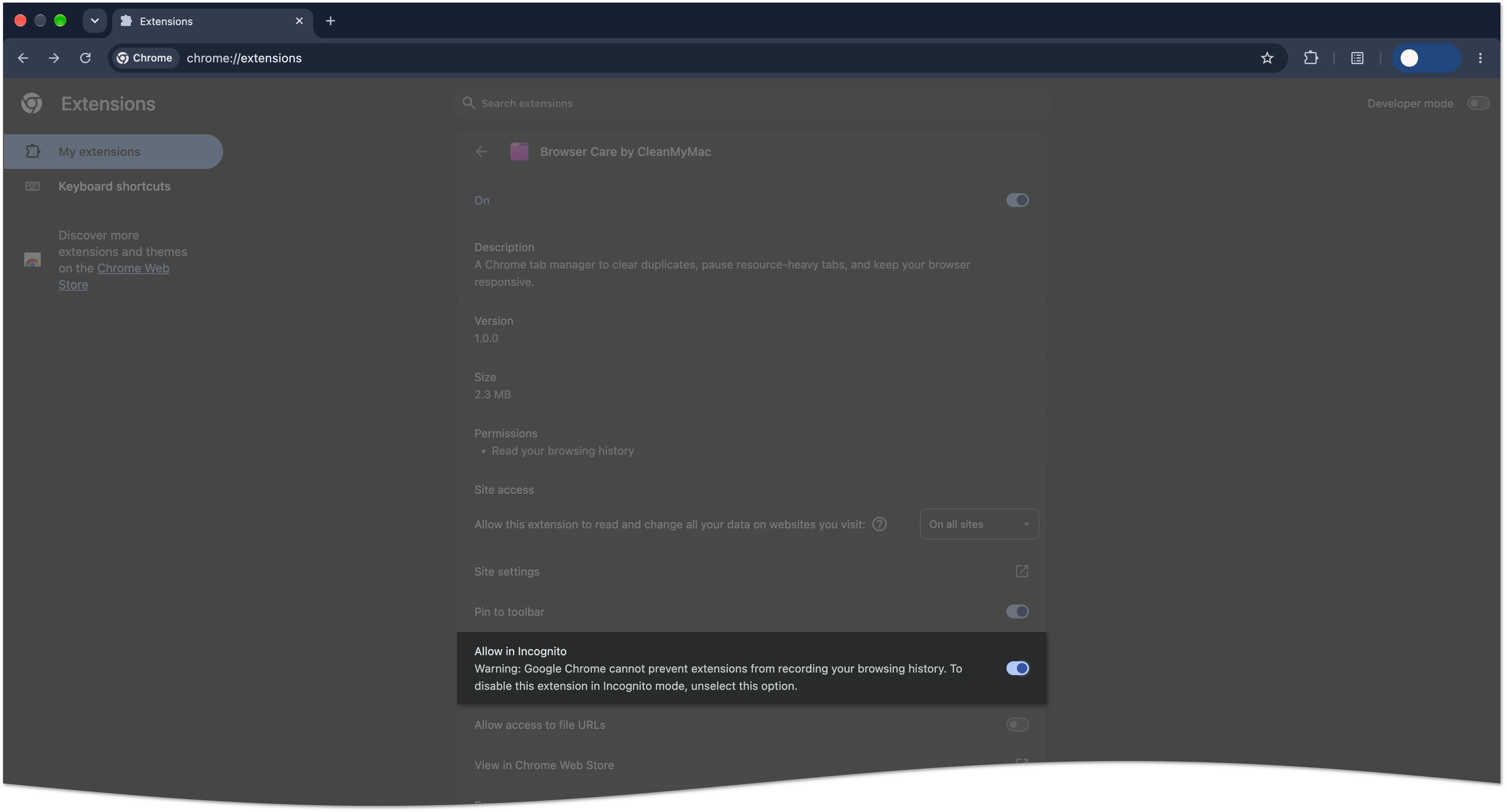 Browser Care details on the Chrome Extensions page with the Allow in Incognito setting highlighted
