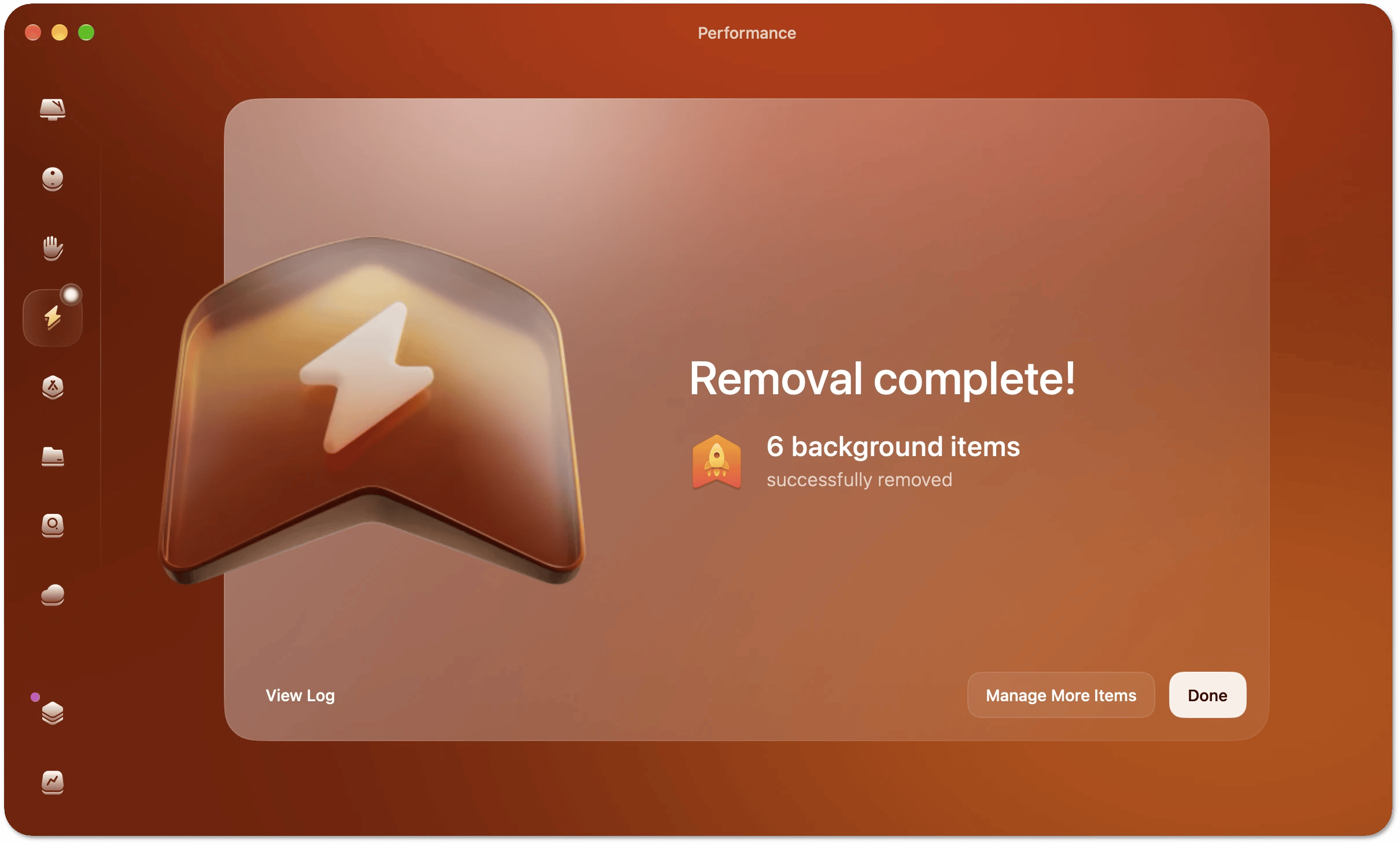 Removal complete screen showing that items were successfully removed, with View Log, Manage More Items, and Done buttons