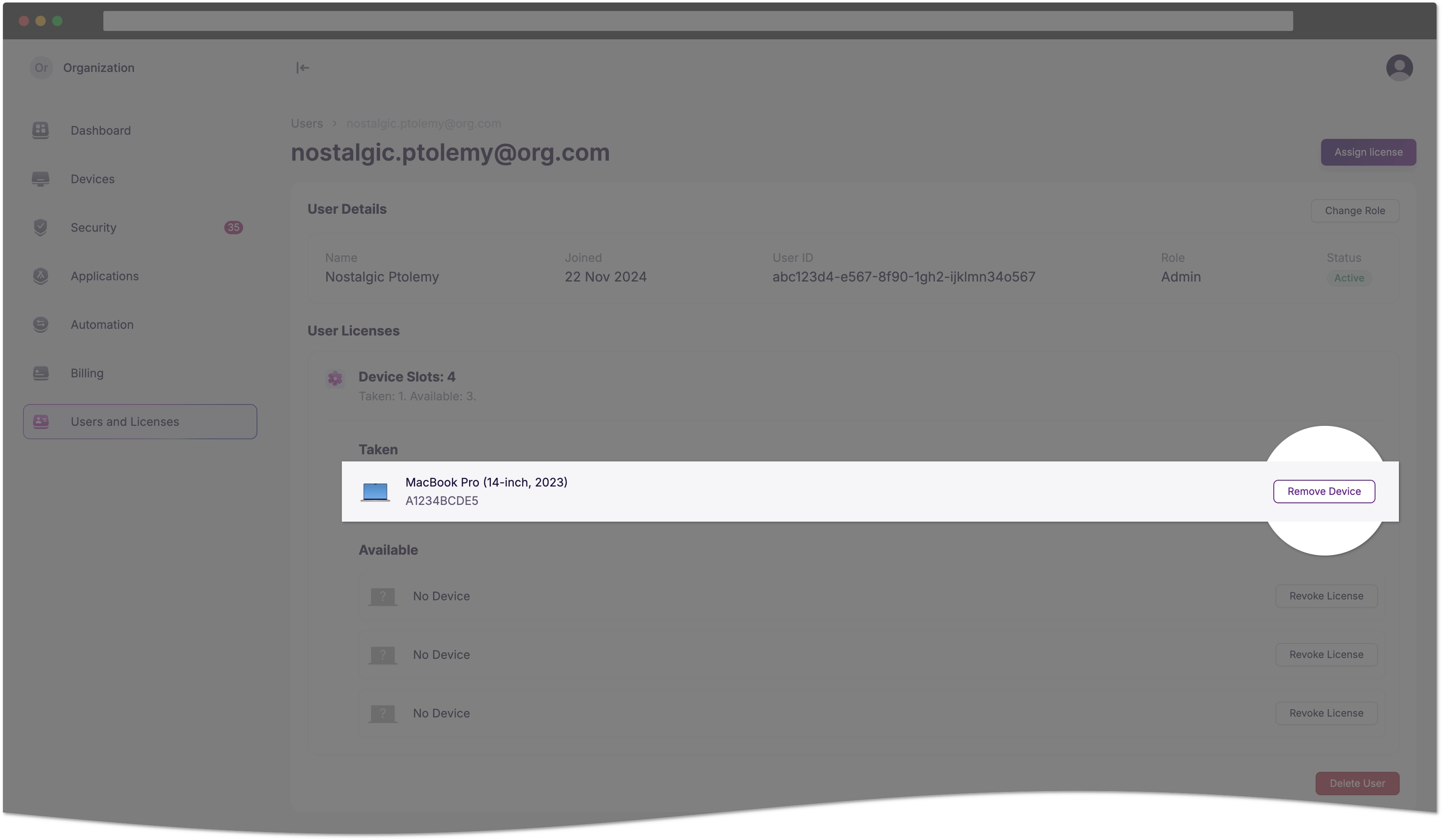 Unlink license from device