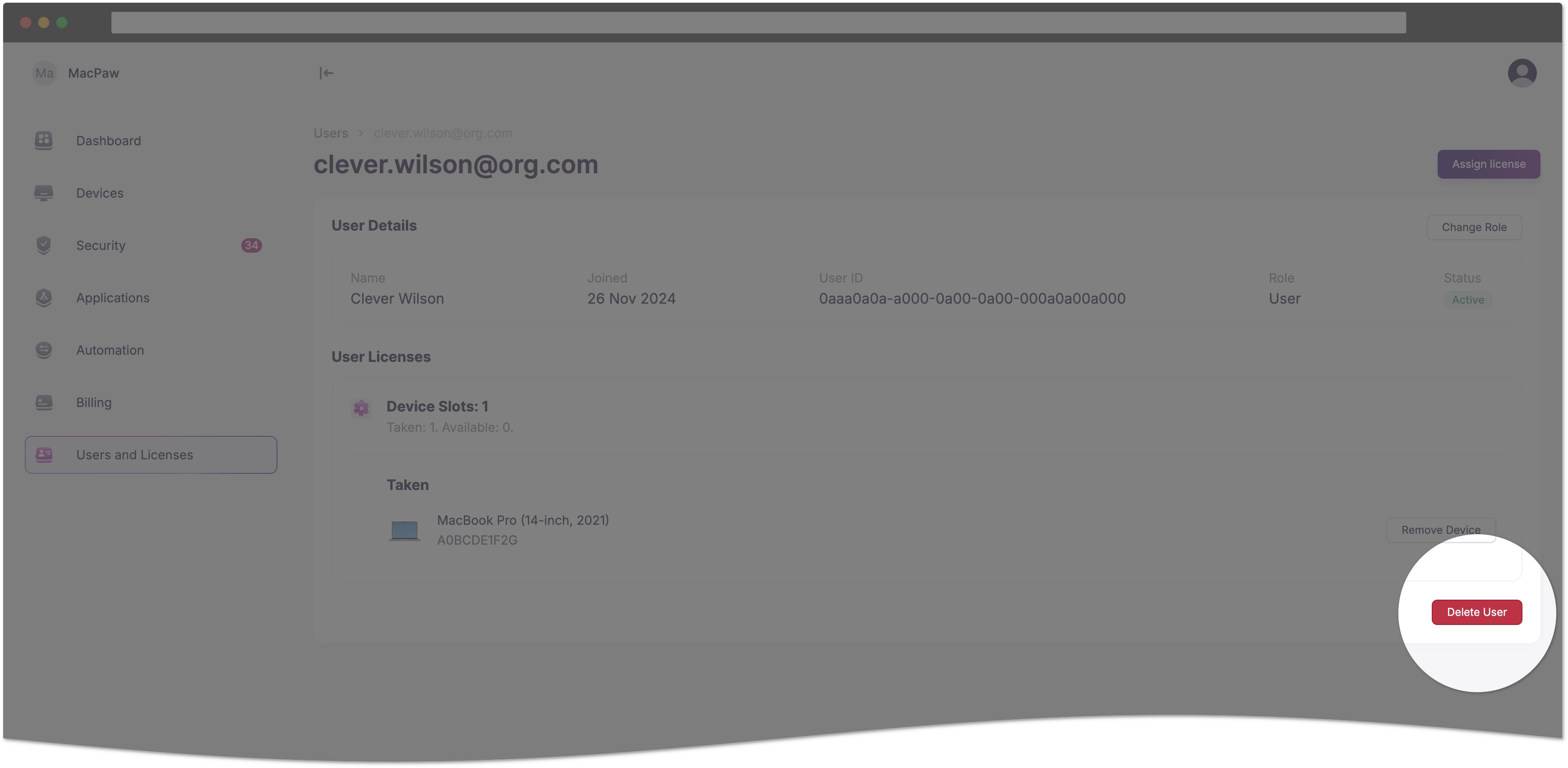 Remove a user in the user details