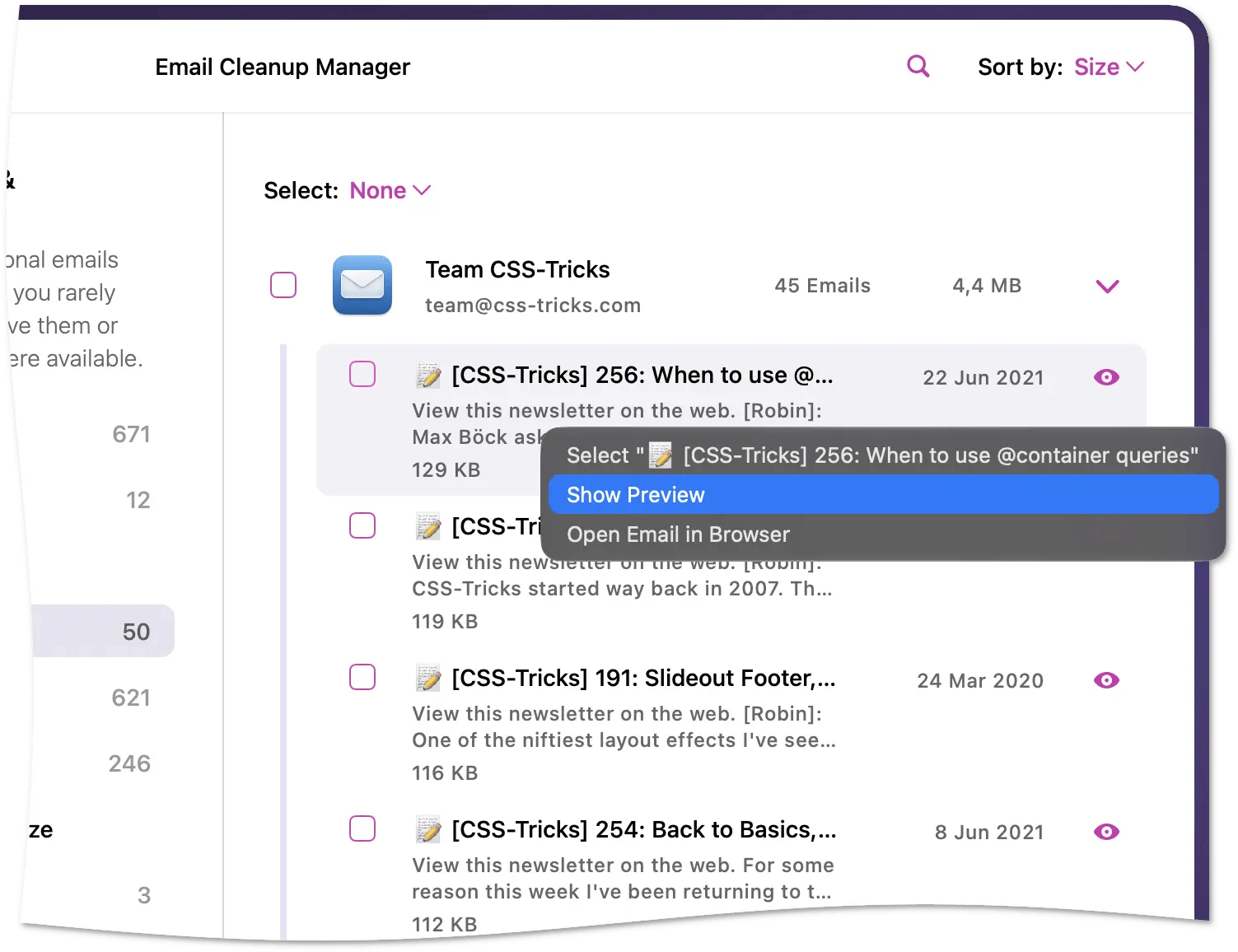 Email Cleanup Manager showing a sender group expanded with a right-click menu open and Show Preview highlighted
