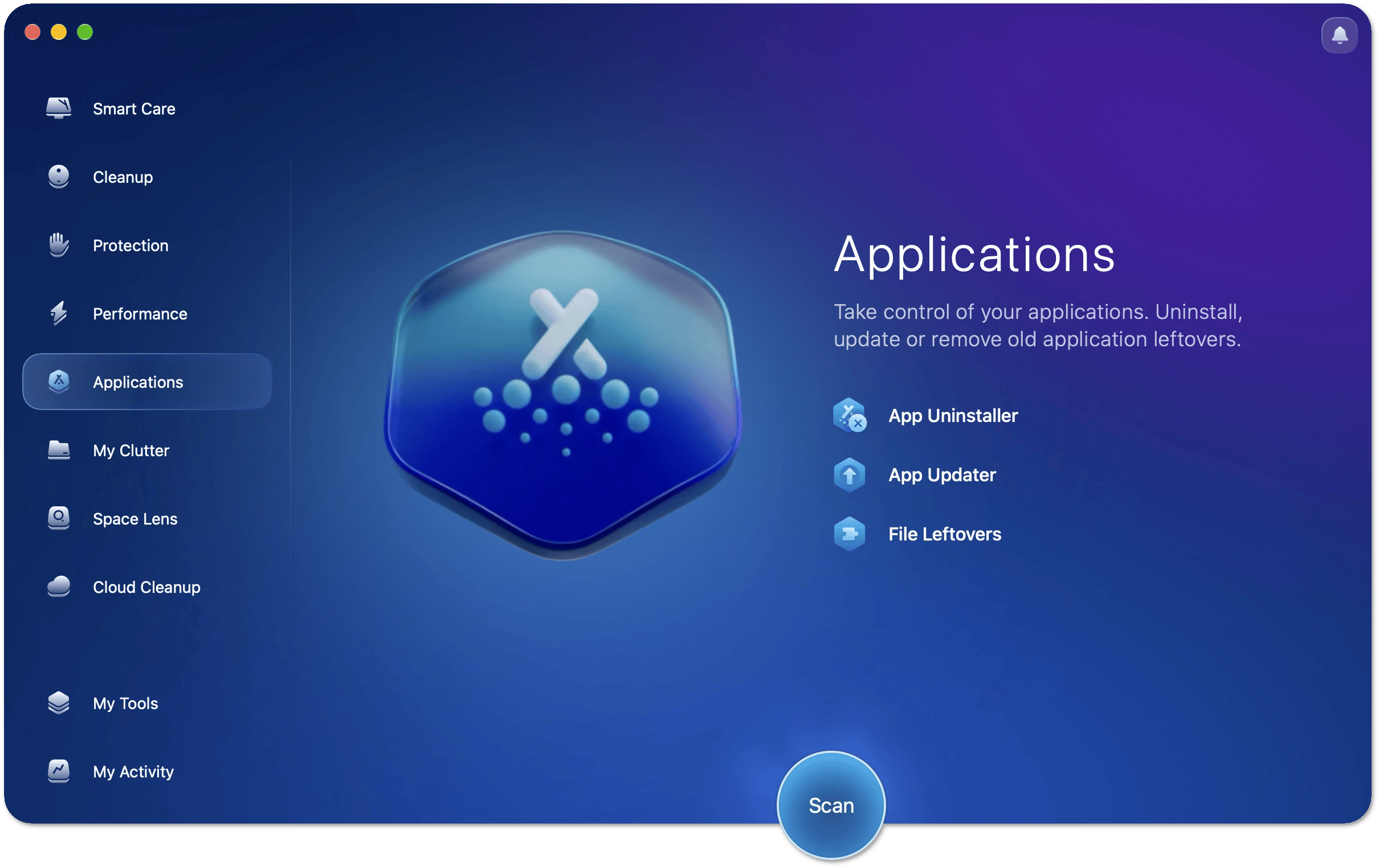 The Applications screen in CleanMyMac with the Scan button at the bottom