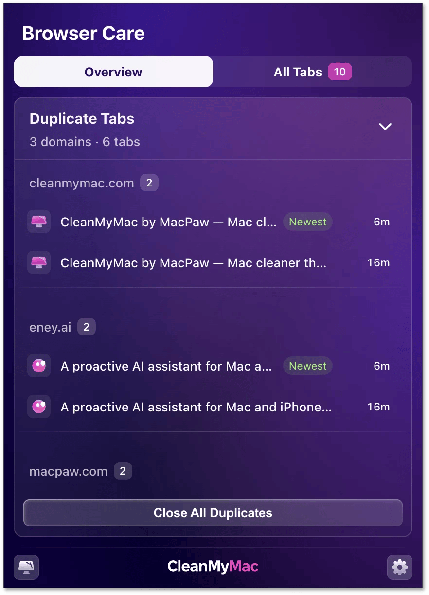 Expanded Duplicate Tabs card with tabs grouped by domain, the Newest label on one tab in each group, and the Close All Duplicates button