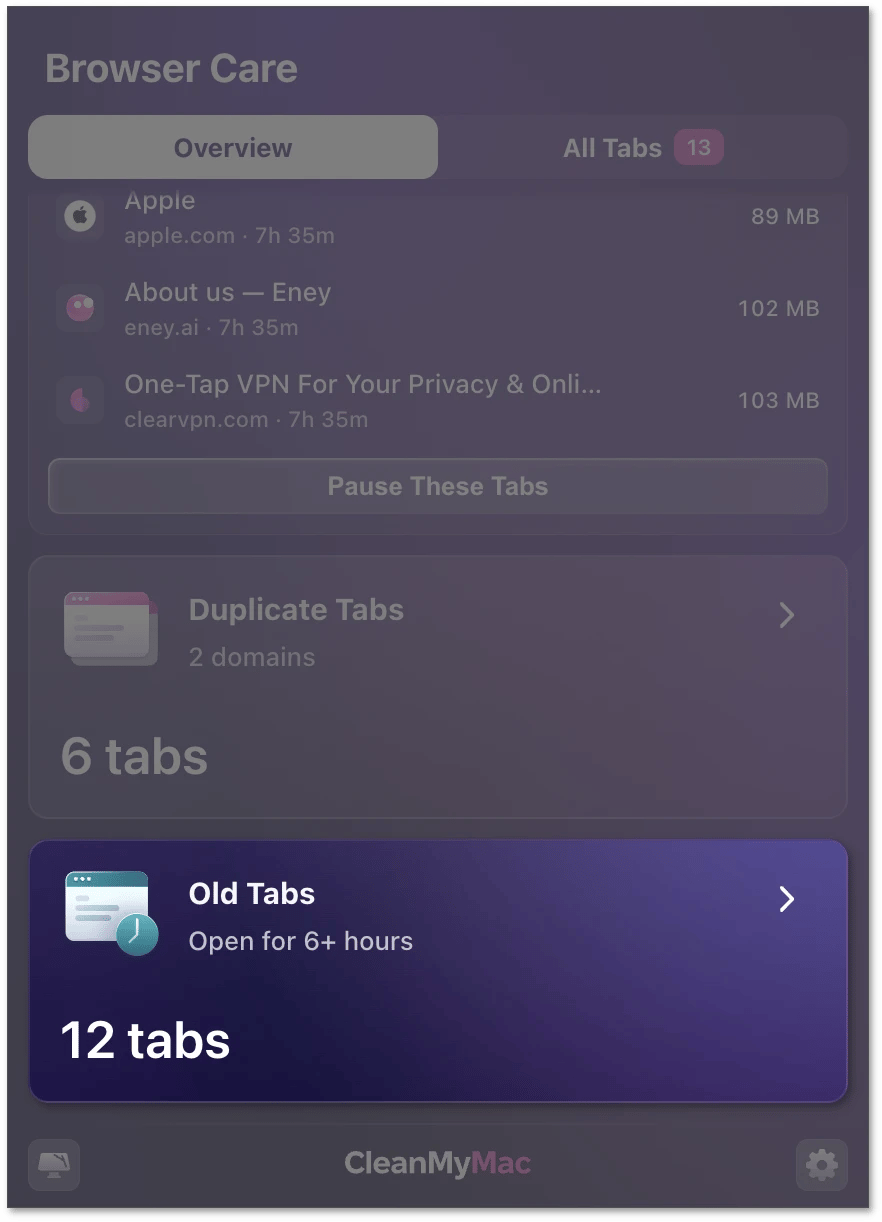 Overview tab in Browser Care with the Old Tabs card highlighted, showing the time limit and the number of old tabs