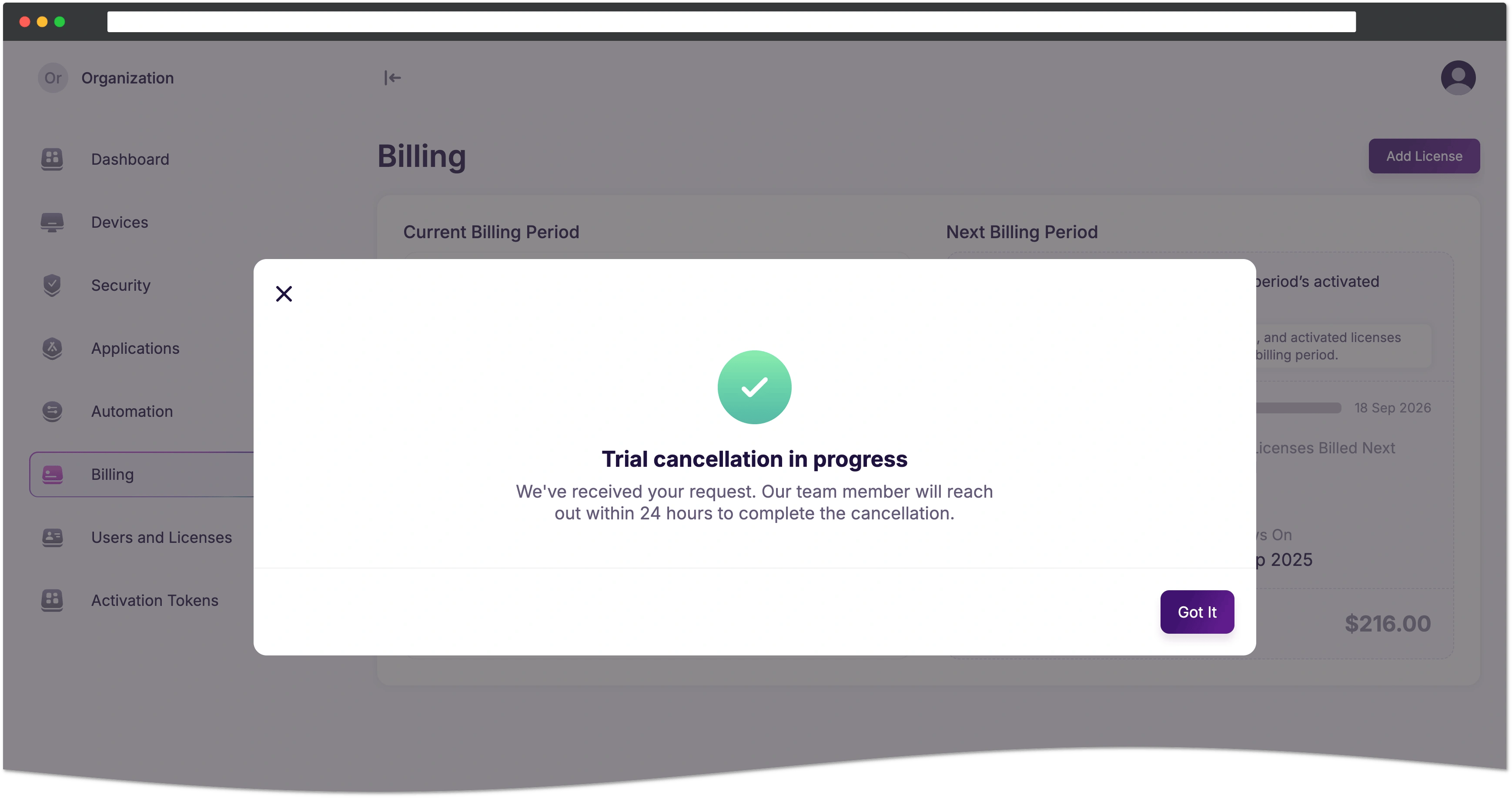 Trial cancellation notification
