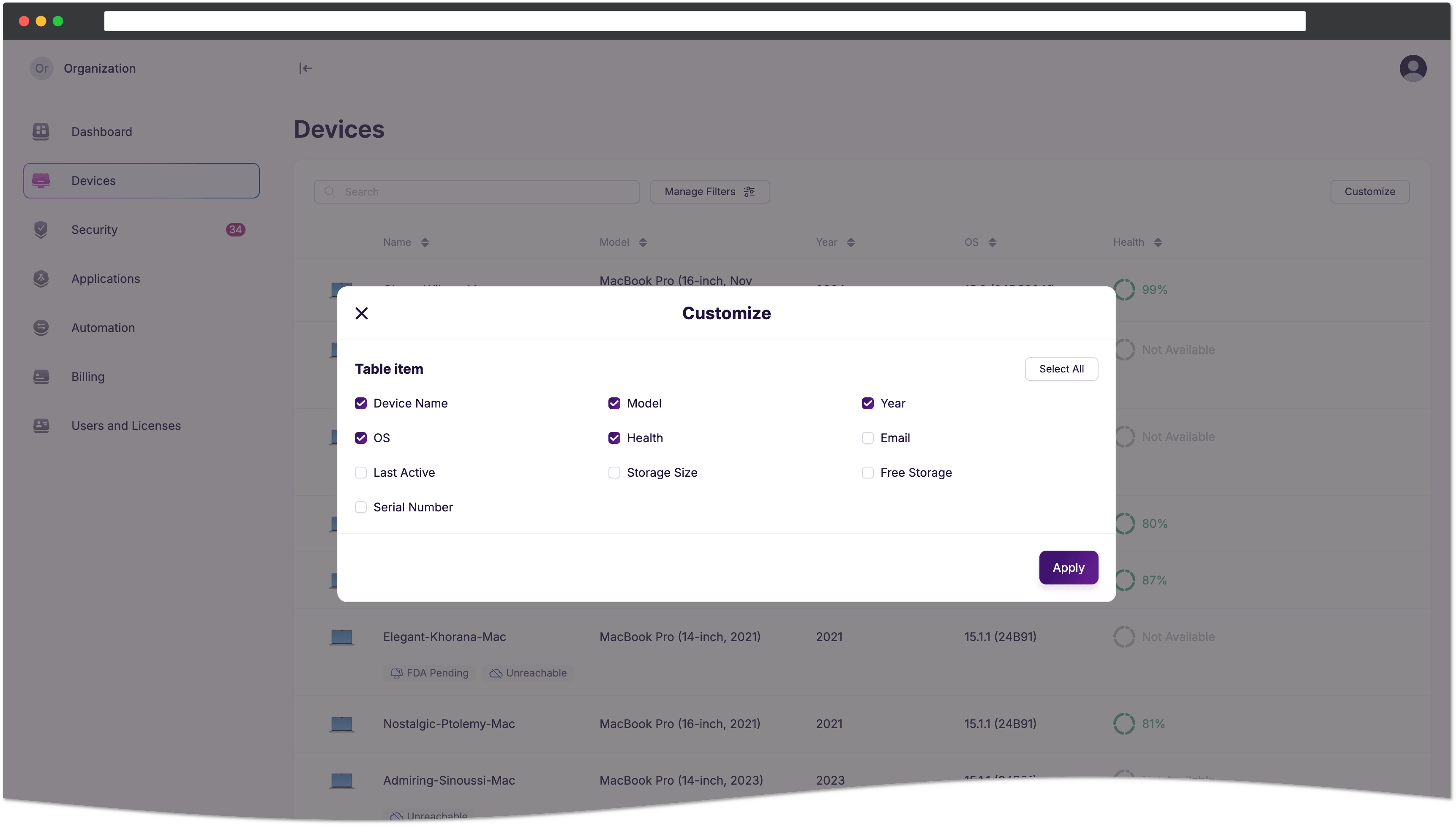 Customize view