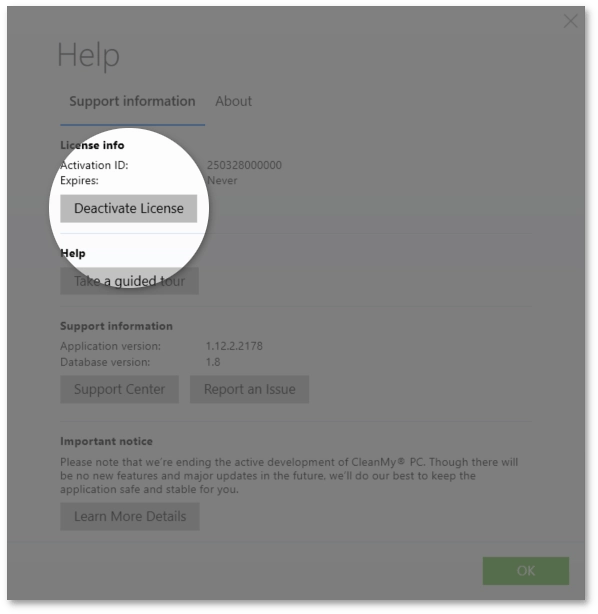 The Deactivate License button