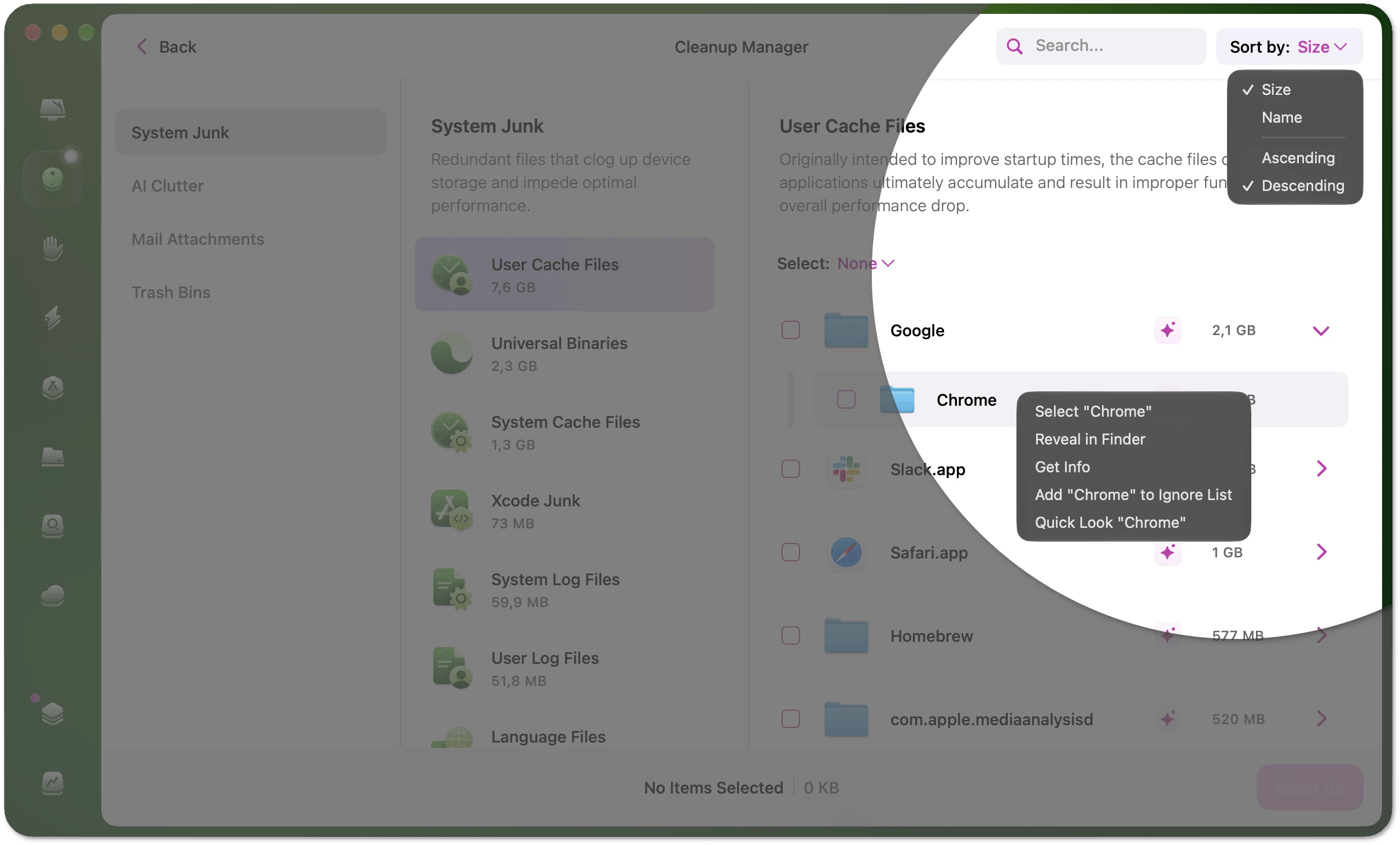 Context menu for a junk item
