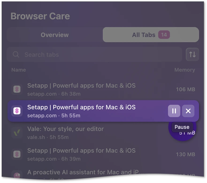 All Tabs list with the Pause button highlighted on one tab