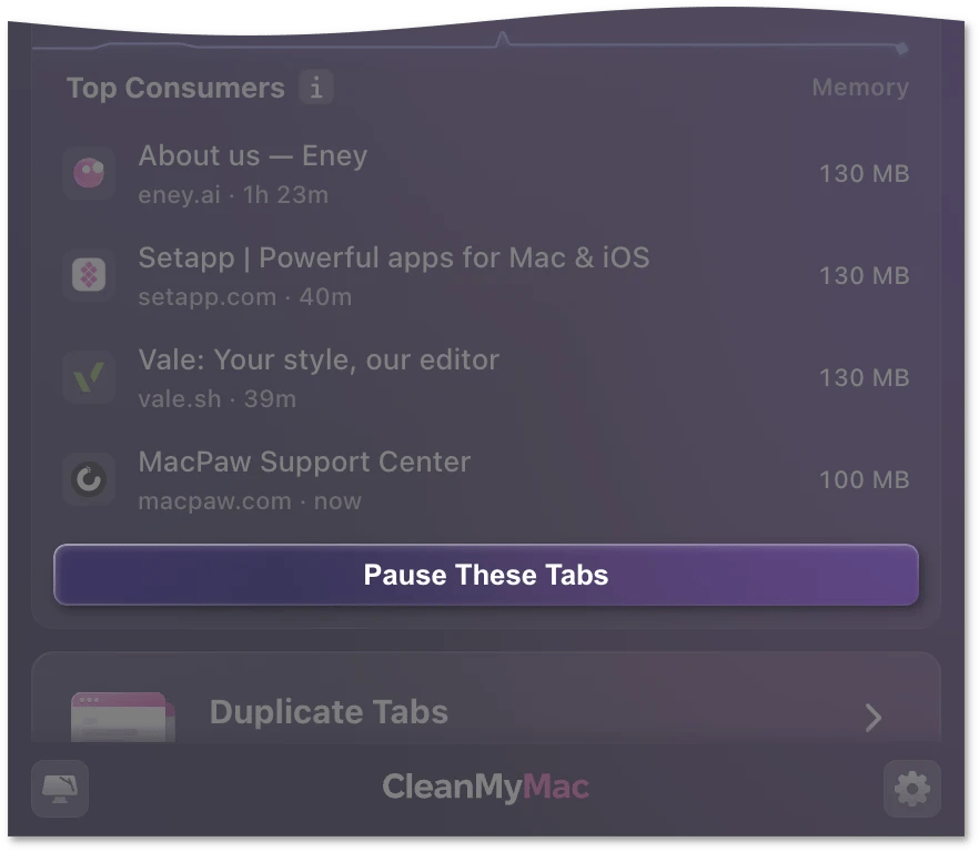 Top Consumers list in the Overview tab with the Pause These Tabs button highlighted