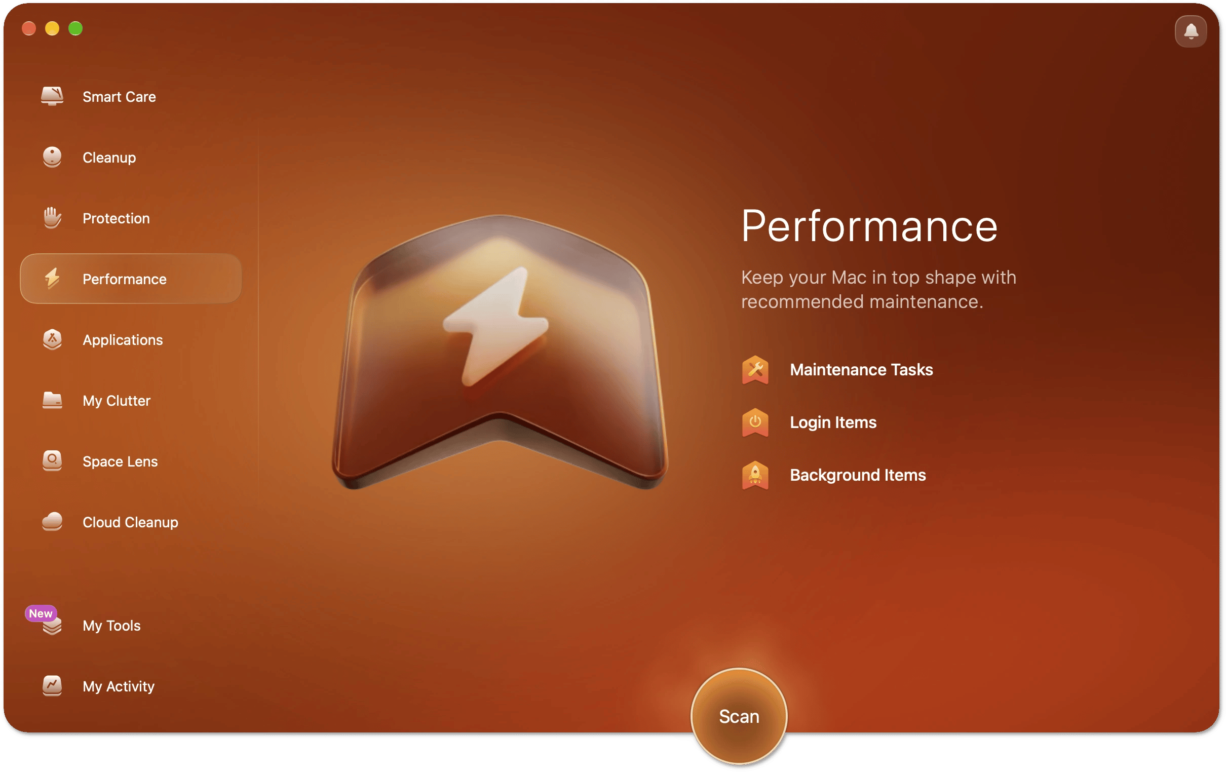 The start screen of the Performance module