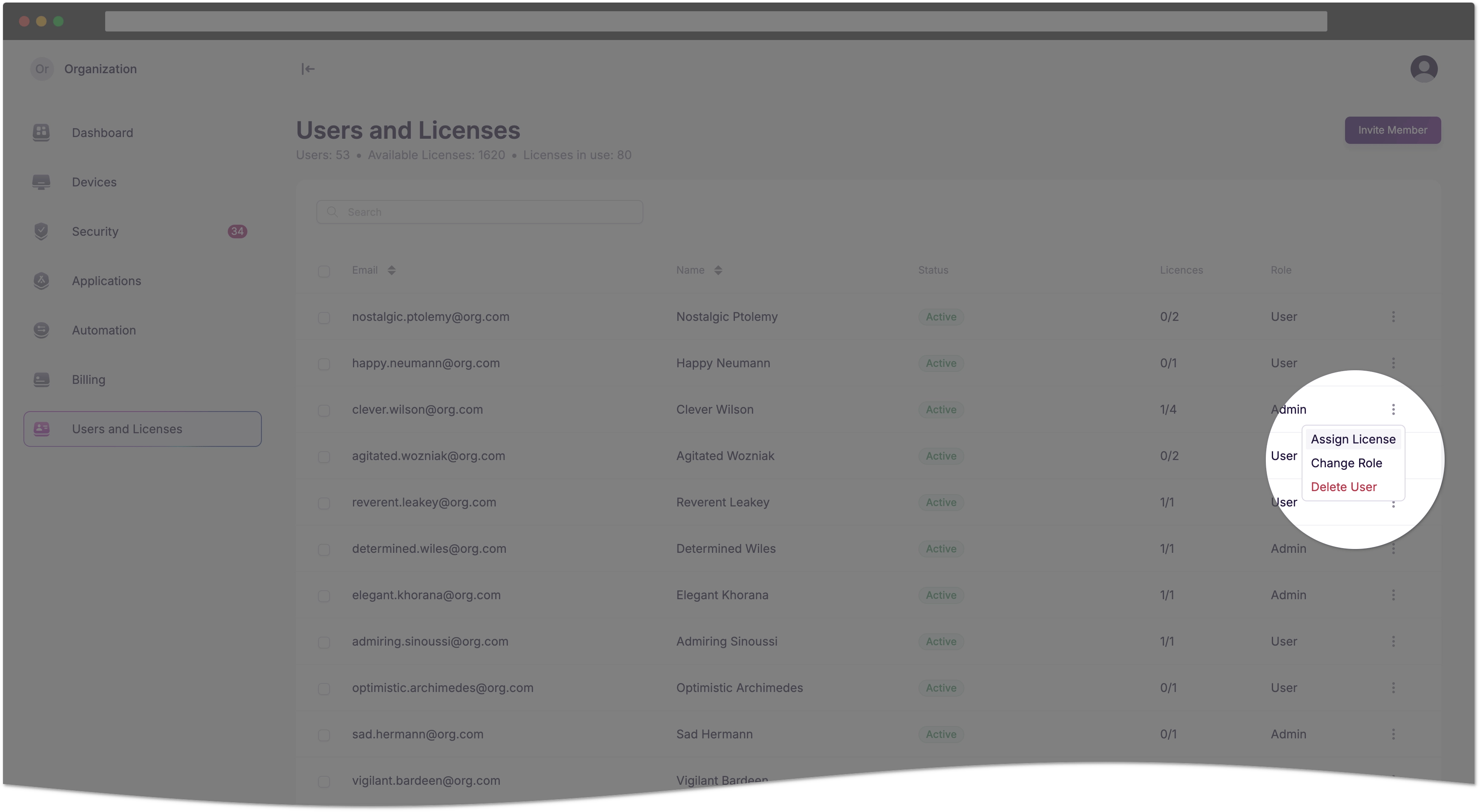 Assign licenses using the Options menu