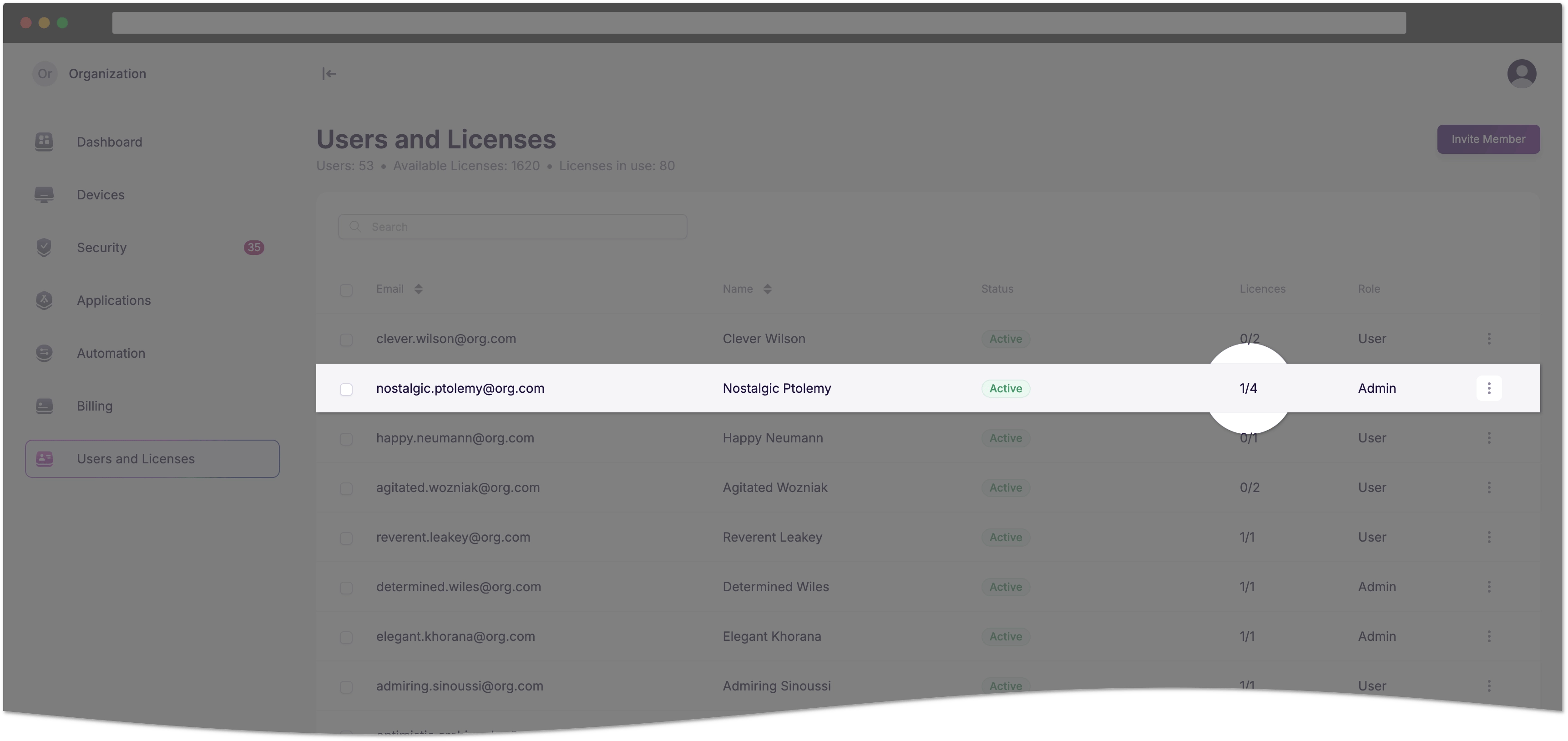 Device licenses in the user list