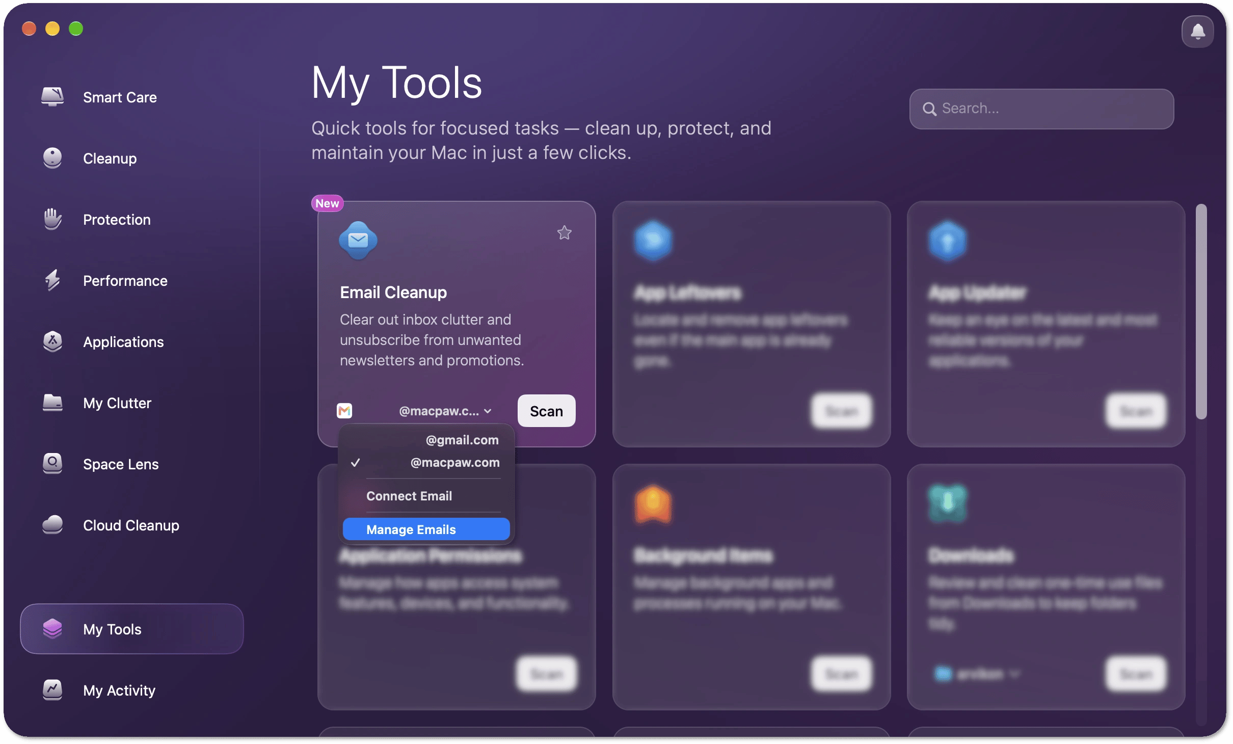 Email Cleanup tile in My Tools with the account menu expanded and Manage Emails selected