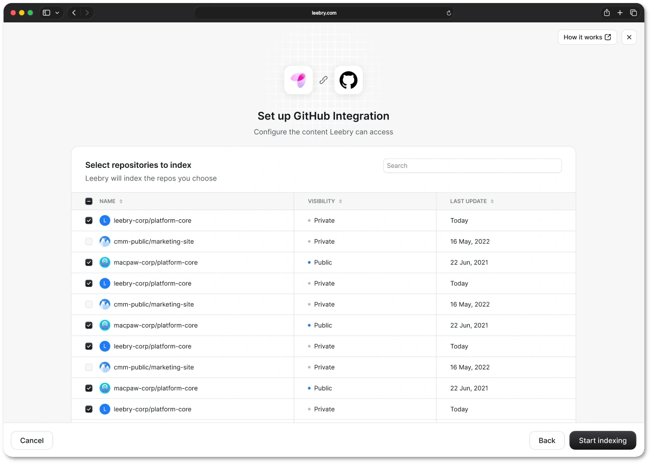 GitHub integration page in Leebry where you select repositories for indexing