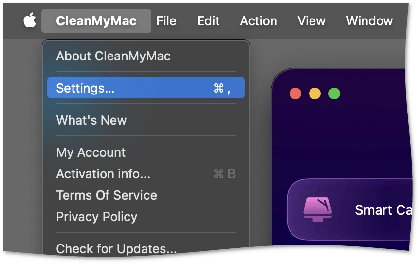 Settings in the menu bar