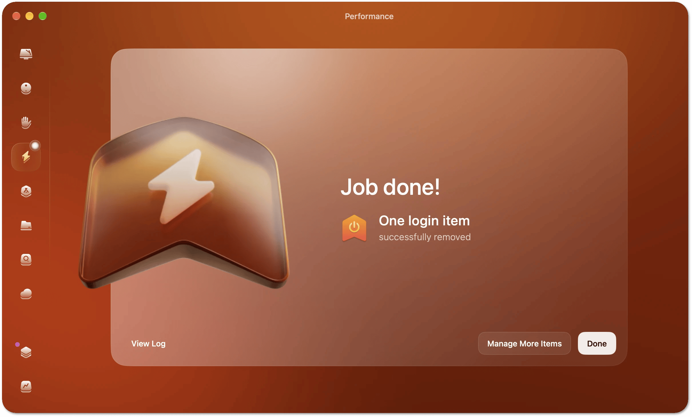 The results screen confirming that a login item was removed, with buttons to open the log, return to other items, and finish