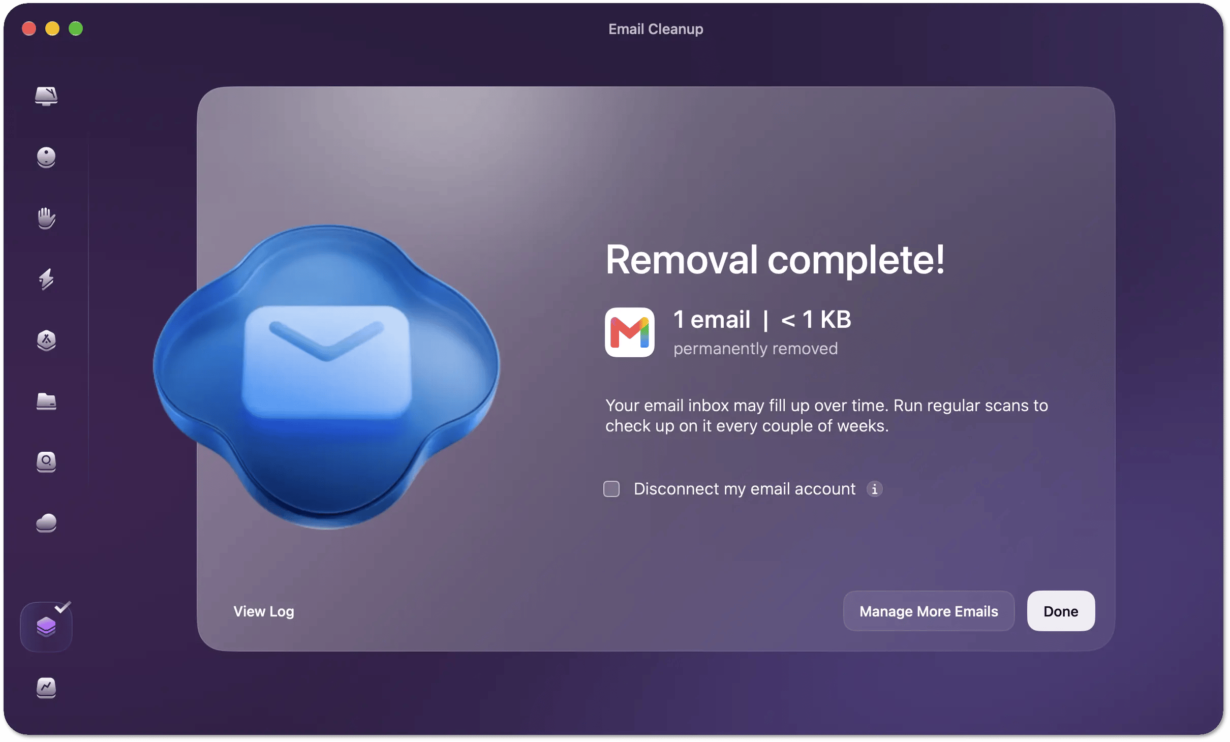 Email Cleanup completion screen showing the removal results, with View Log, Manage More Emails, and Done buttons