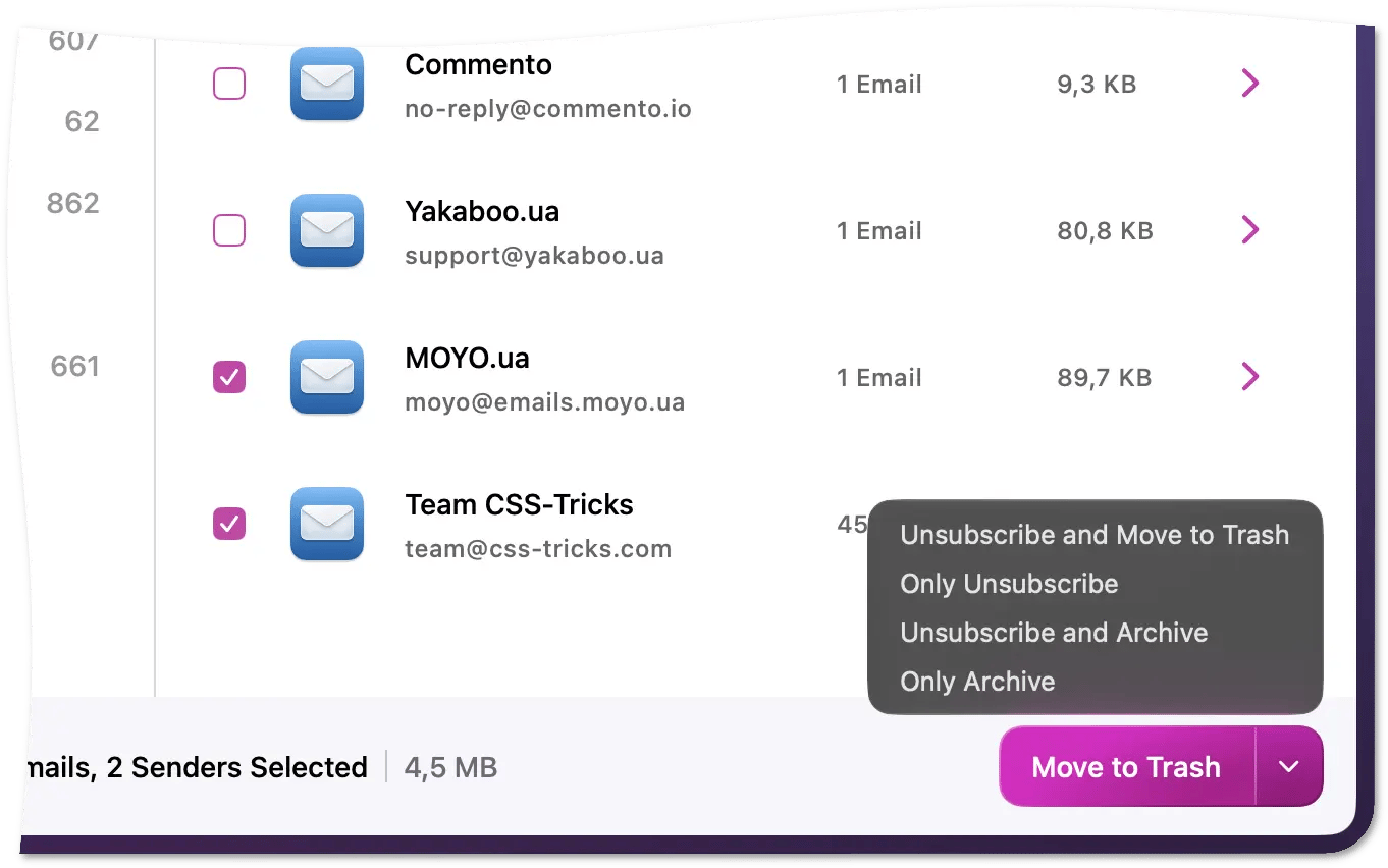 Move to Trash button with its menu open showing available actions
