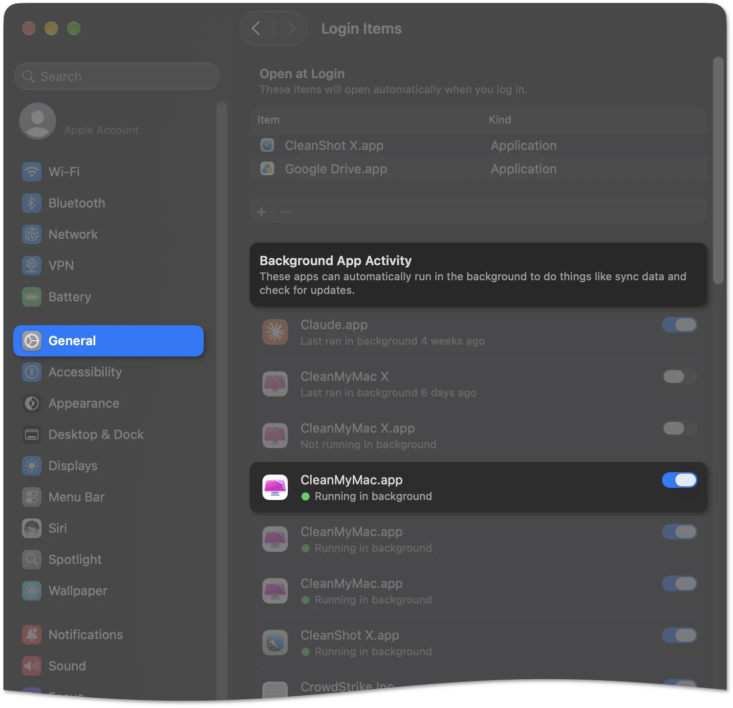 CleanMyMac.app turned on in the Background App Activity list