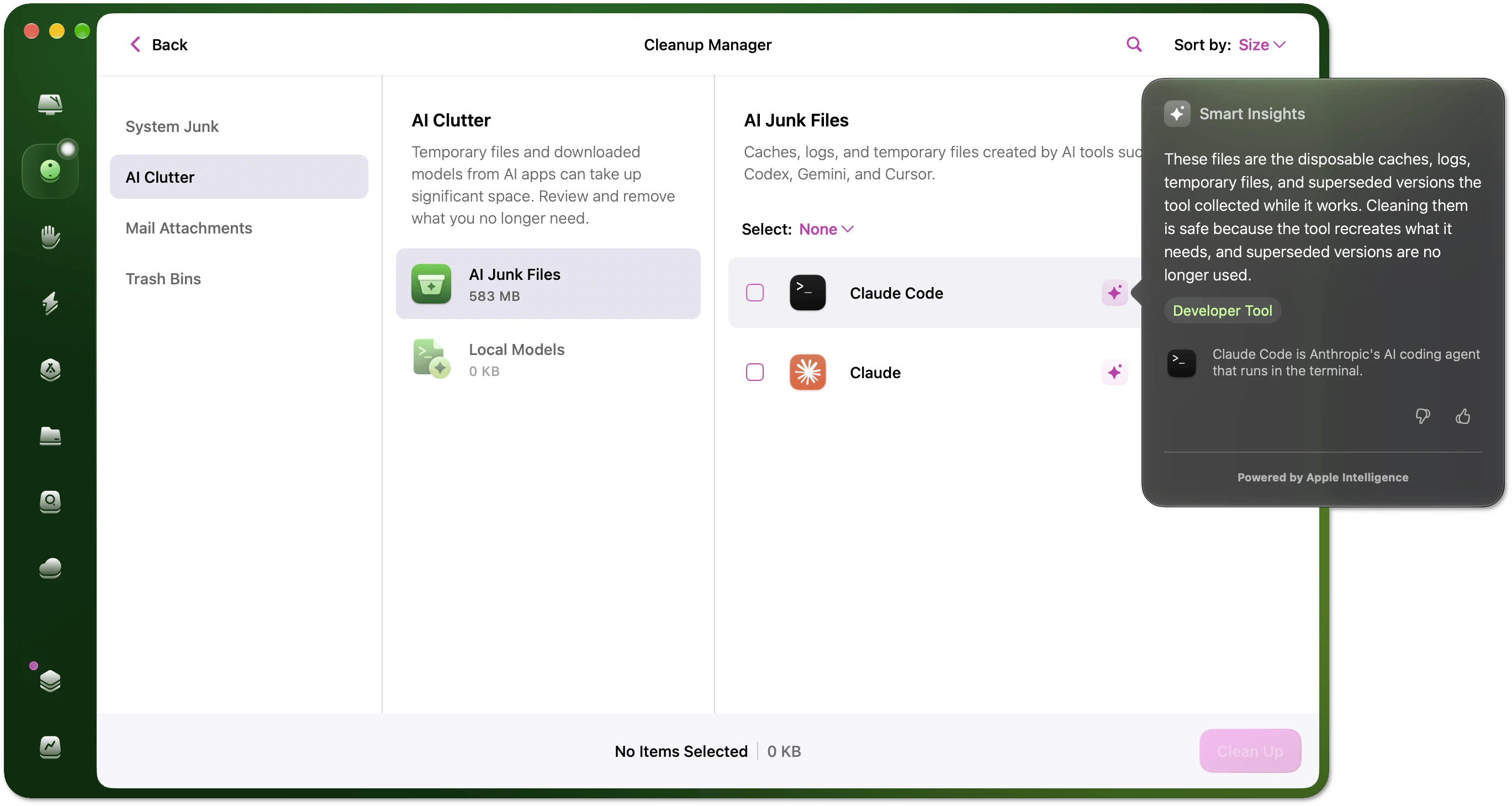Smart Insights window explaining the Claude Code files in the Cleanup Manager