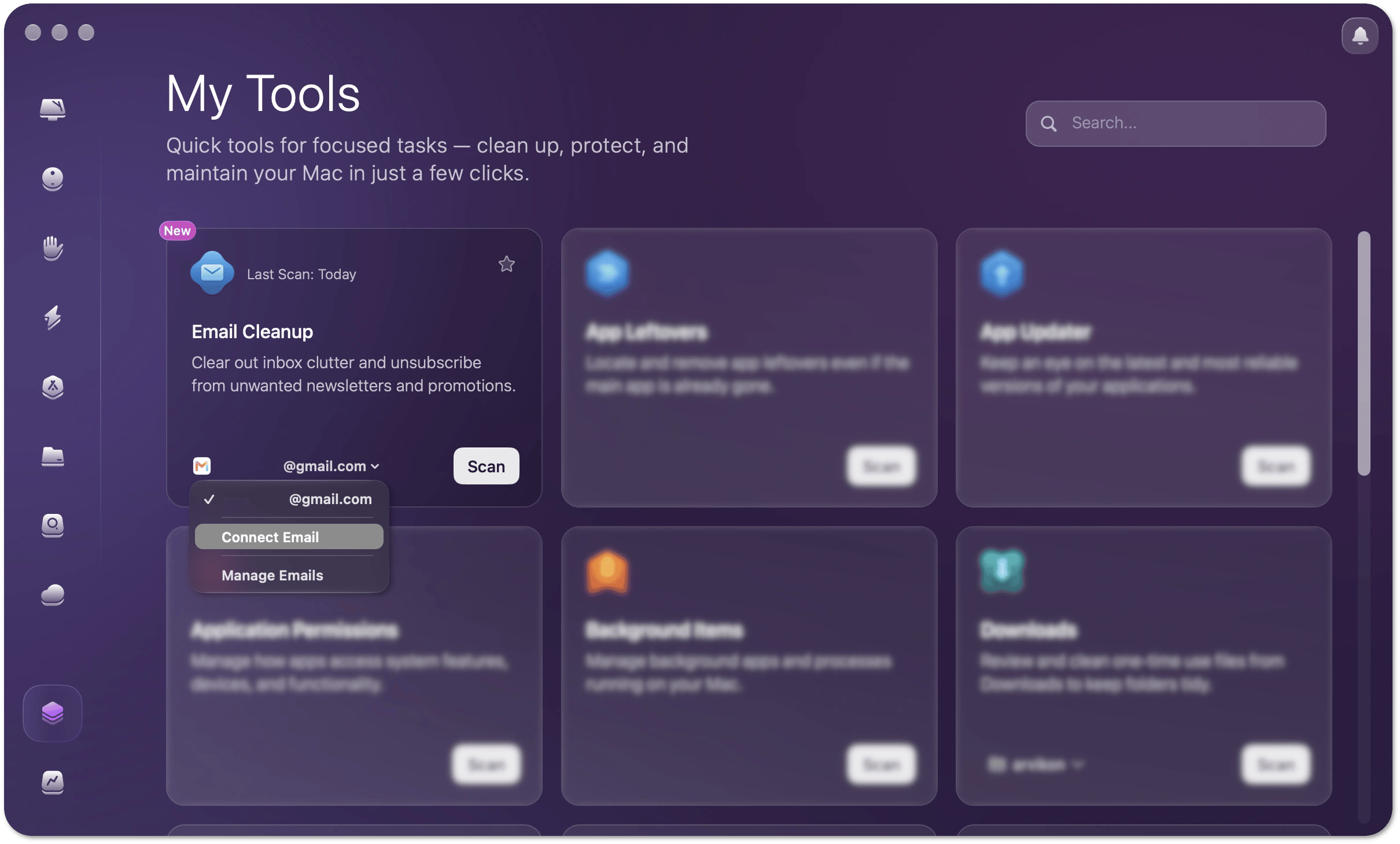 Email Cleanup tile in My Tools showing the account menu expanded with the Connect Email option