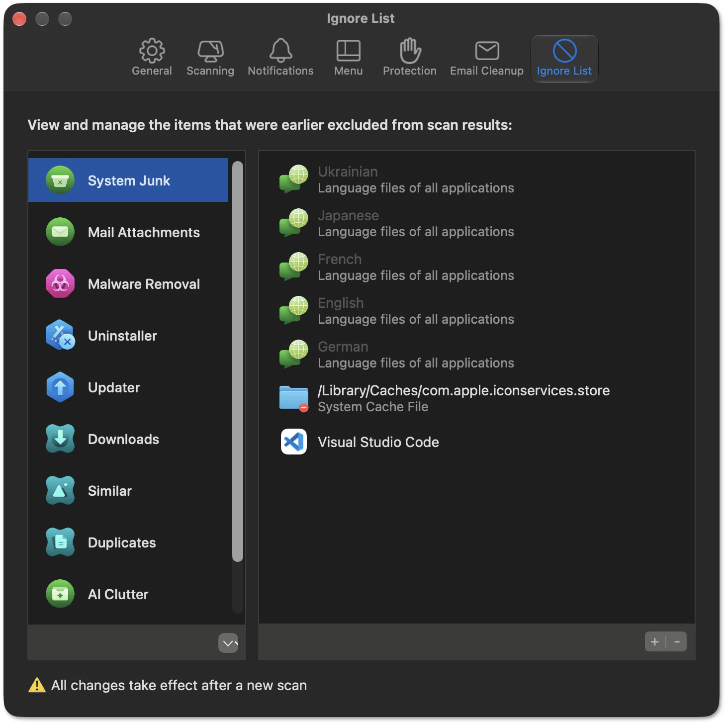 Ignore List tab in CleanMyMac Settings