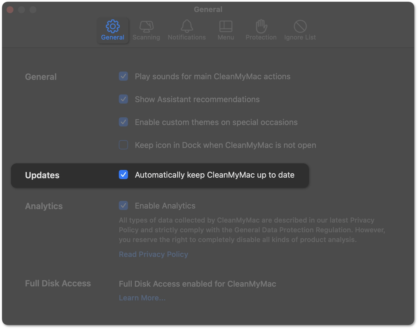 Automatic updates setting in CleanMyMac Settings