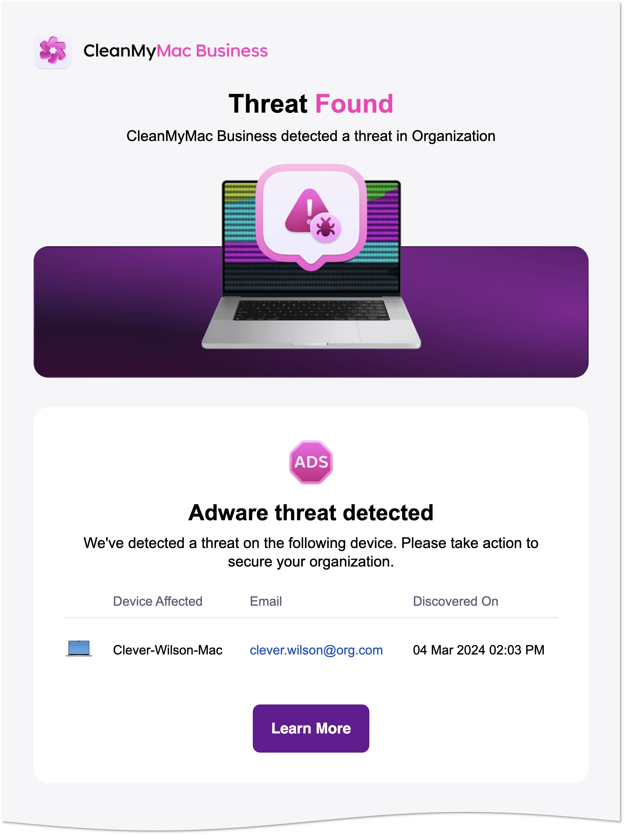 Example alert on a found threat