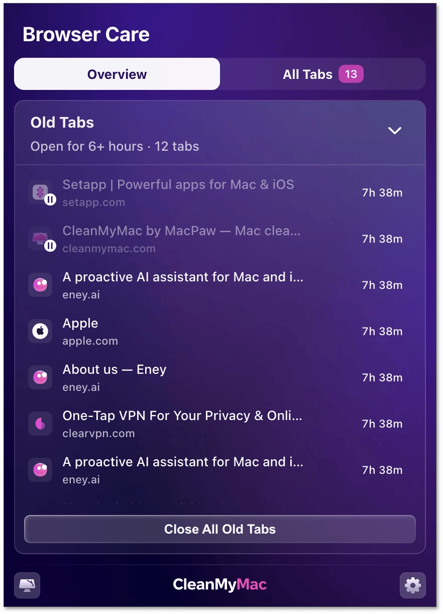 Expanded Old Tabs card with a list of tabs, paused tabs dimmed, and the Close All Old Tabs button