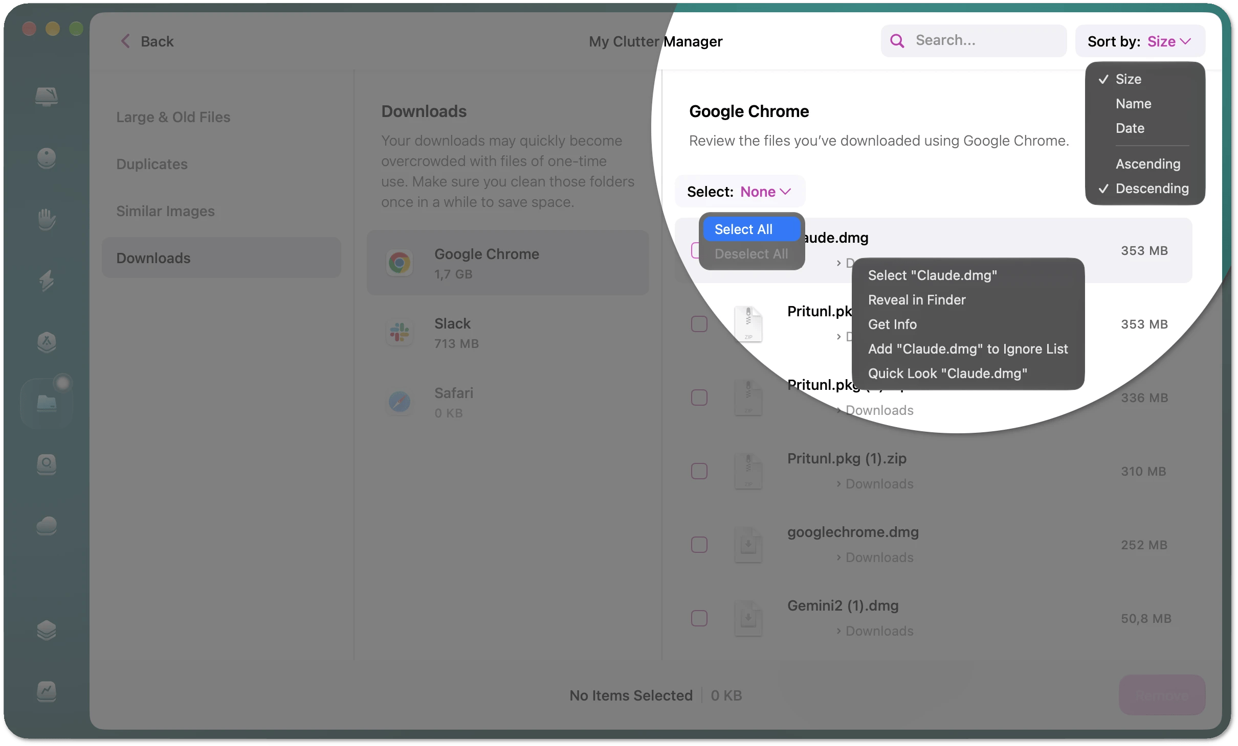 Sort options and file context menu