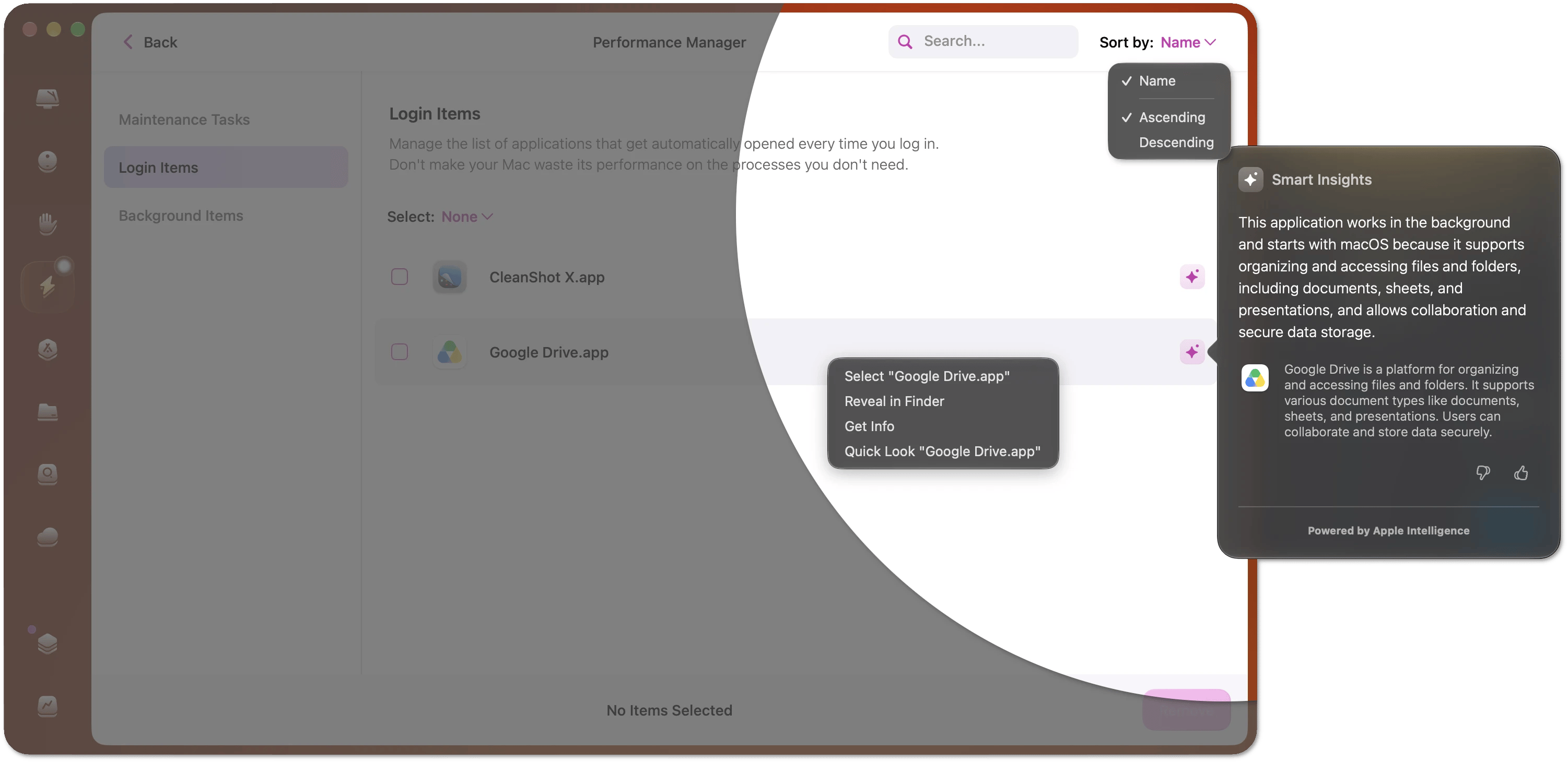 The list of login items with a search field, a sorting menu, a right-click menu for one item, and an information pop-up about an application