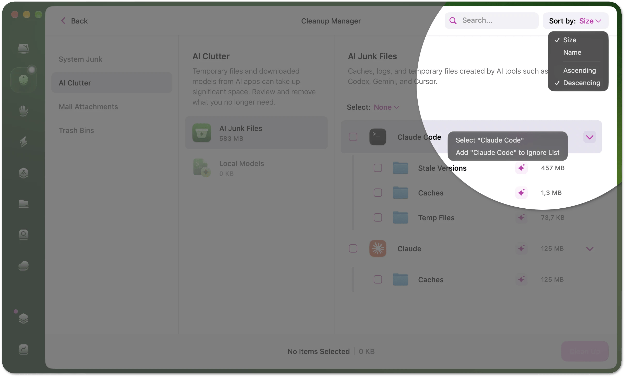 Sort menu and context menu with options to select an item or add it to the ignore list