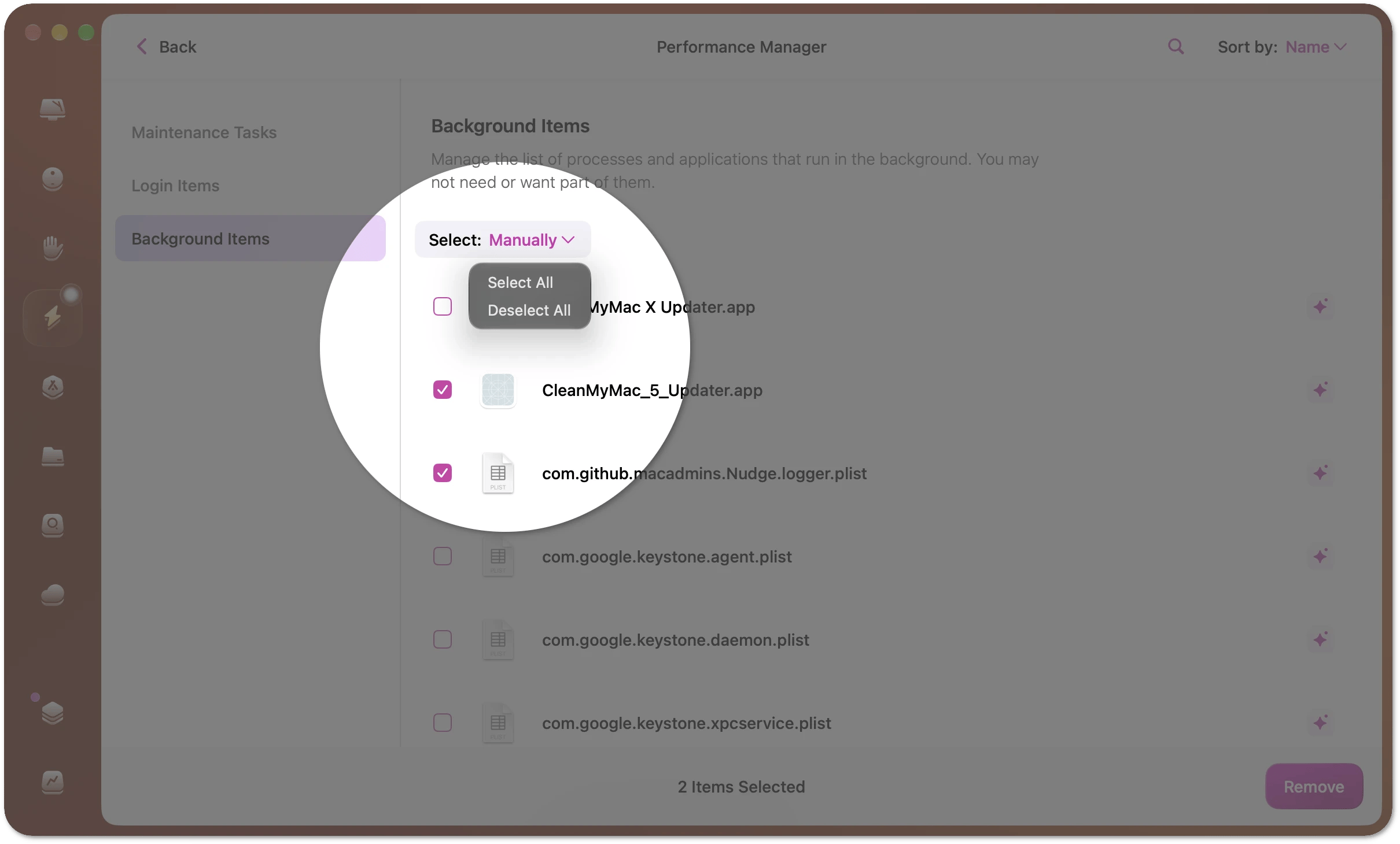 Select menu with Select All and Deselect All options above the Background Items list