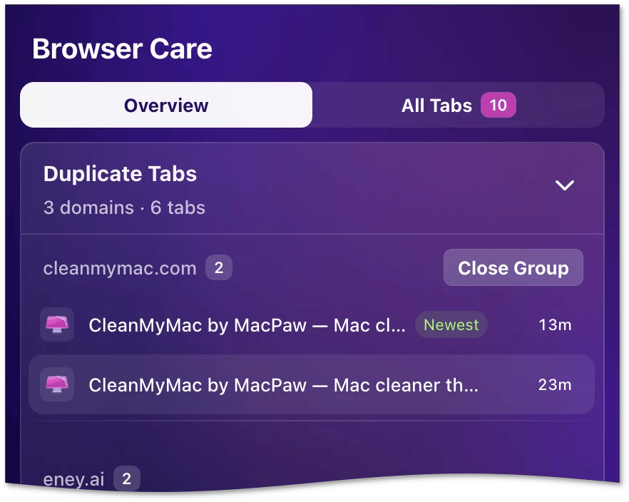 Expanded Duplicate Tabs card with the Close Group button next to a domain name